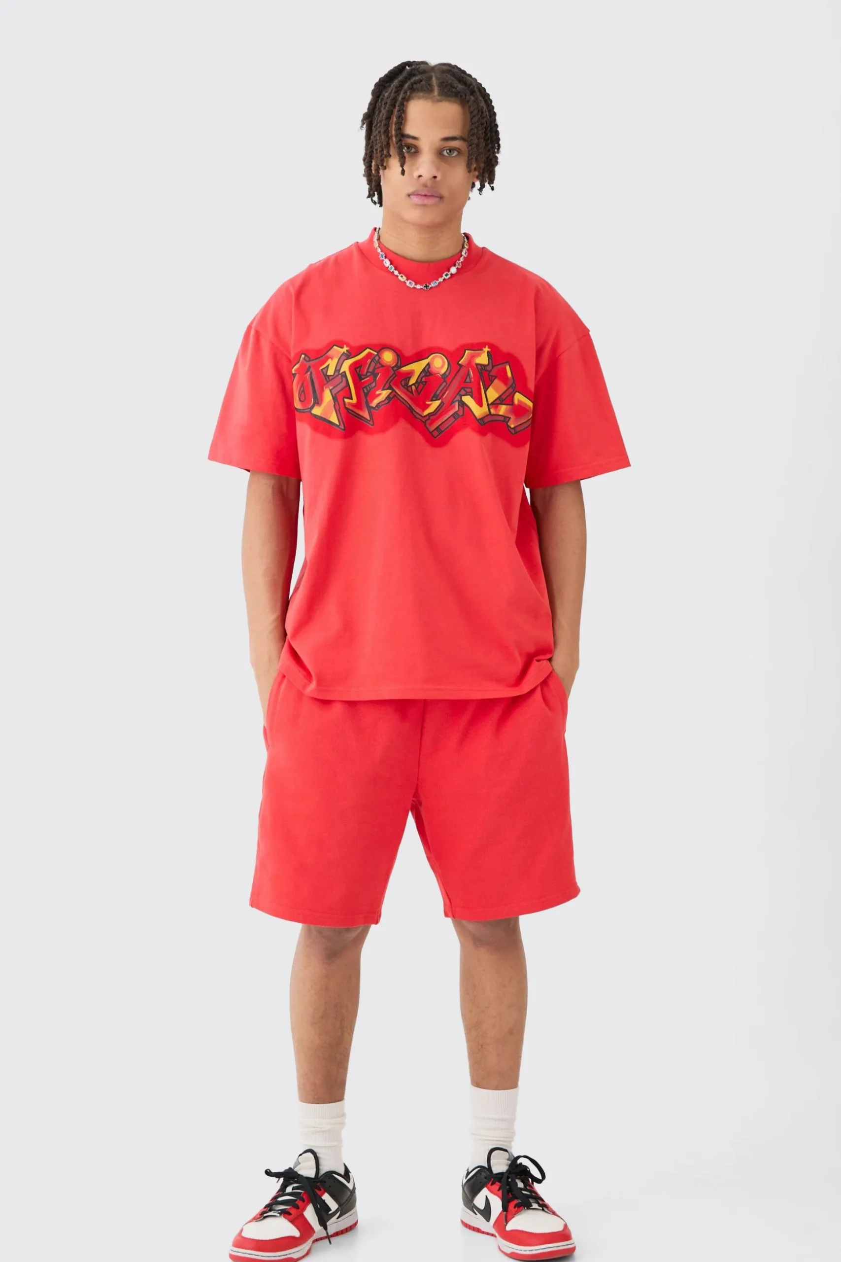 Oversized Super Heavy Embroidered Slogan T-shirt & Short Set | BoohooMAN UK