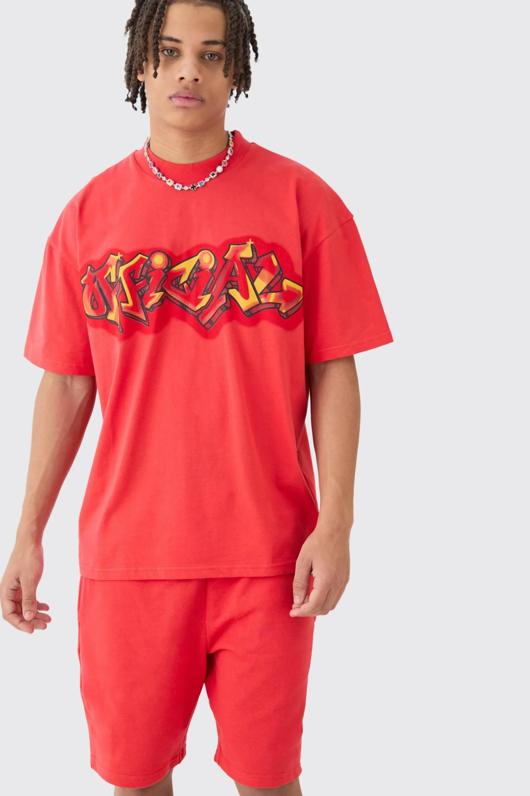 Oversized Super Heavy Embroidered Slogan T-shirt & Short Set | BoohooMAN UK