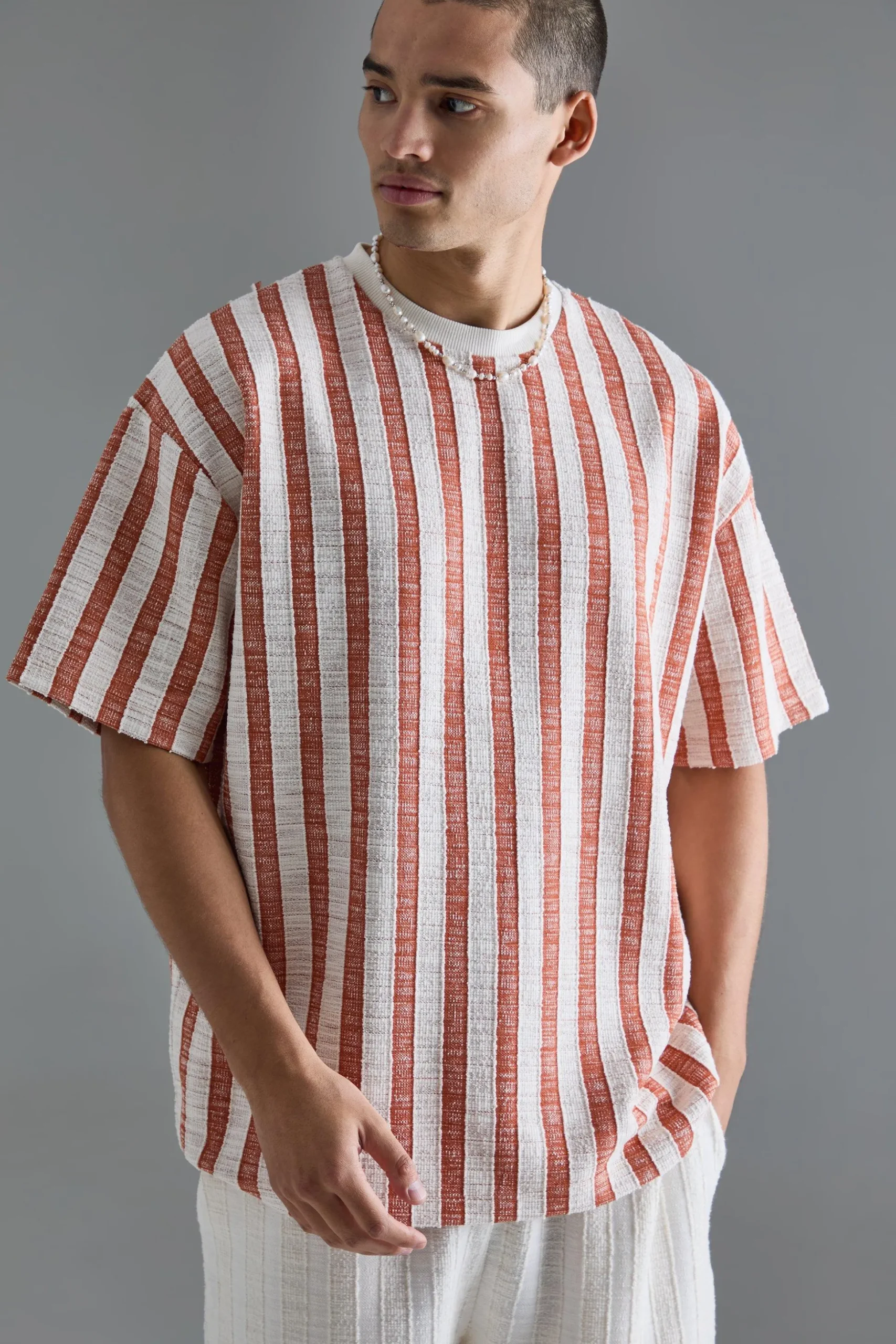 Oversized Textured Stripe T-shirt | BoohooMAN UK
