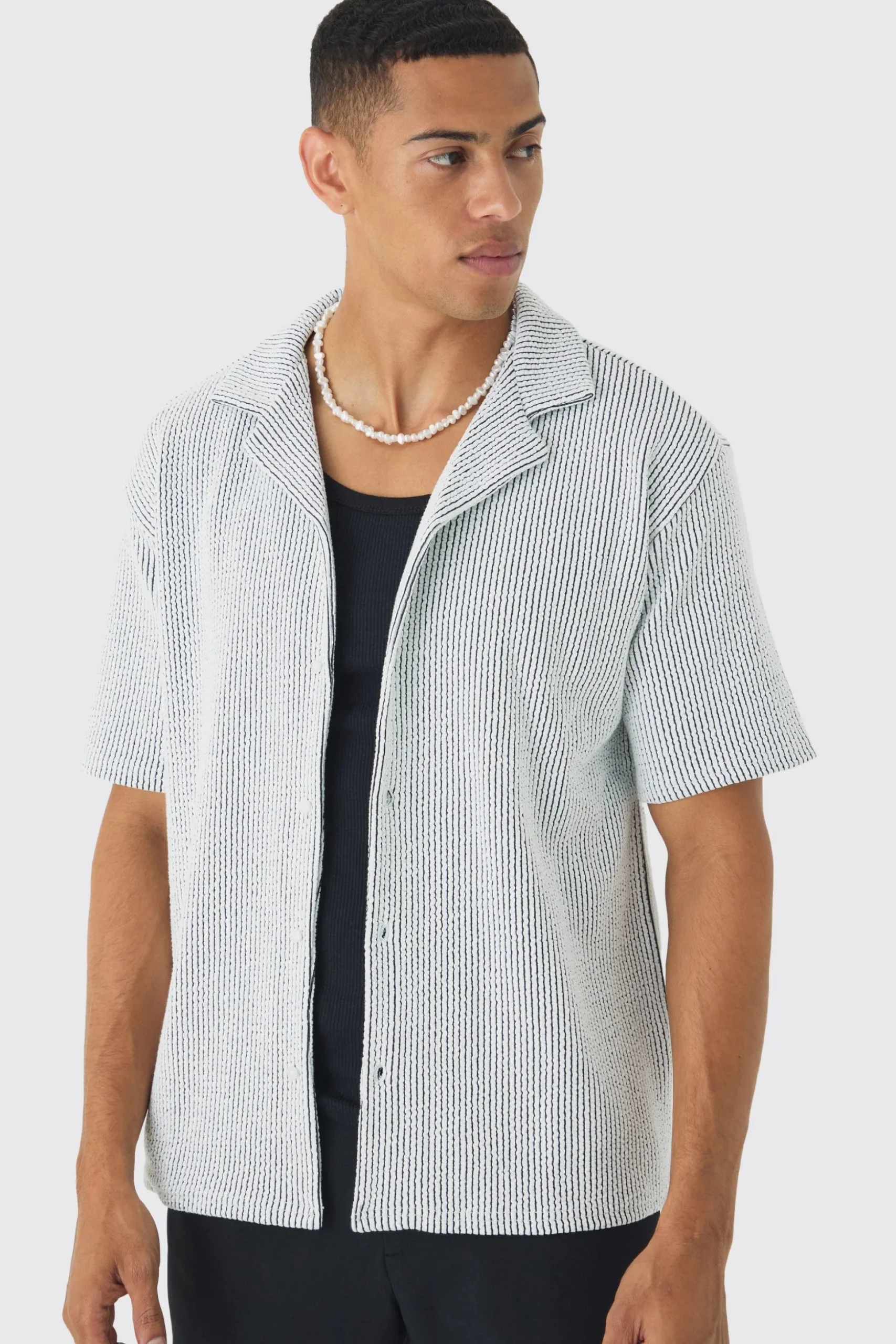 Oversized Two-tone Ribbed Revere Jersey Shirt | BoohooMAN UK