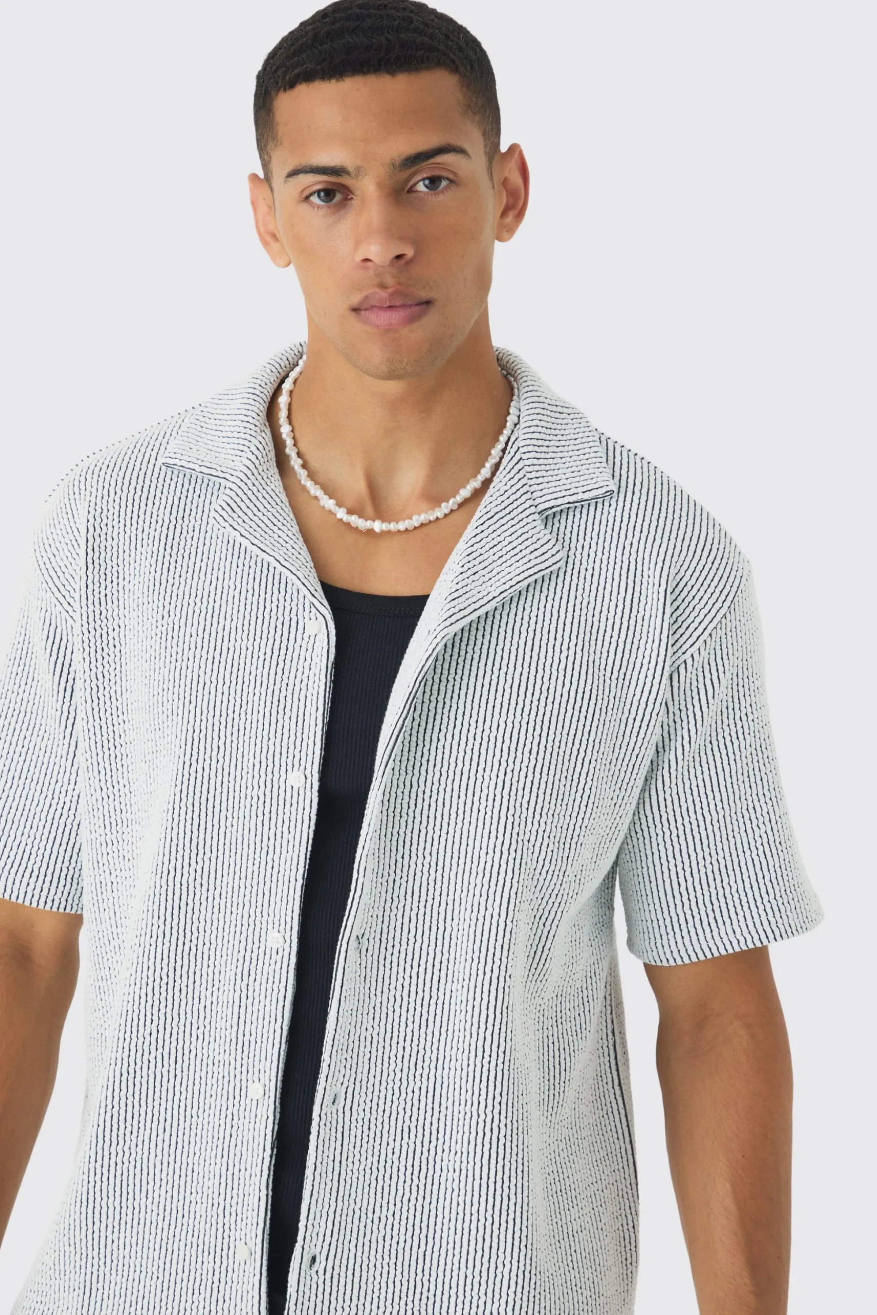 Oversized Two-tone Ribbed Revere Jersey Shirt | BoohooMAN UK