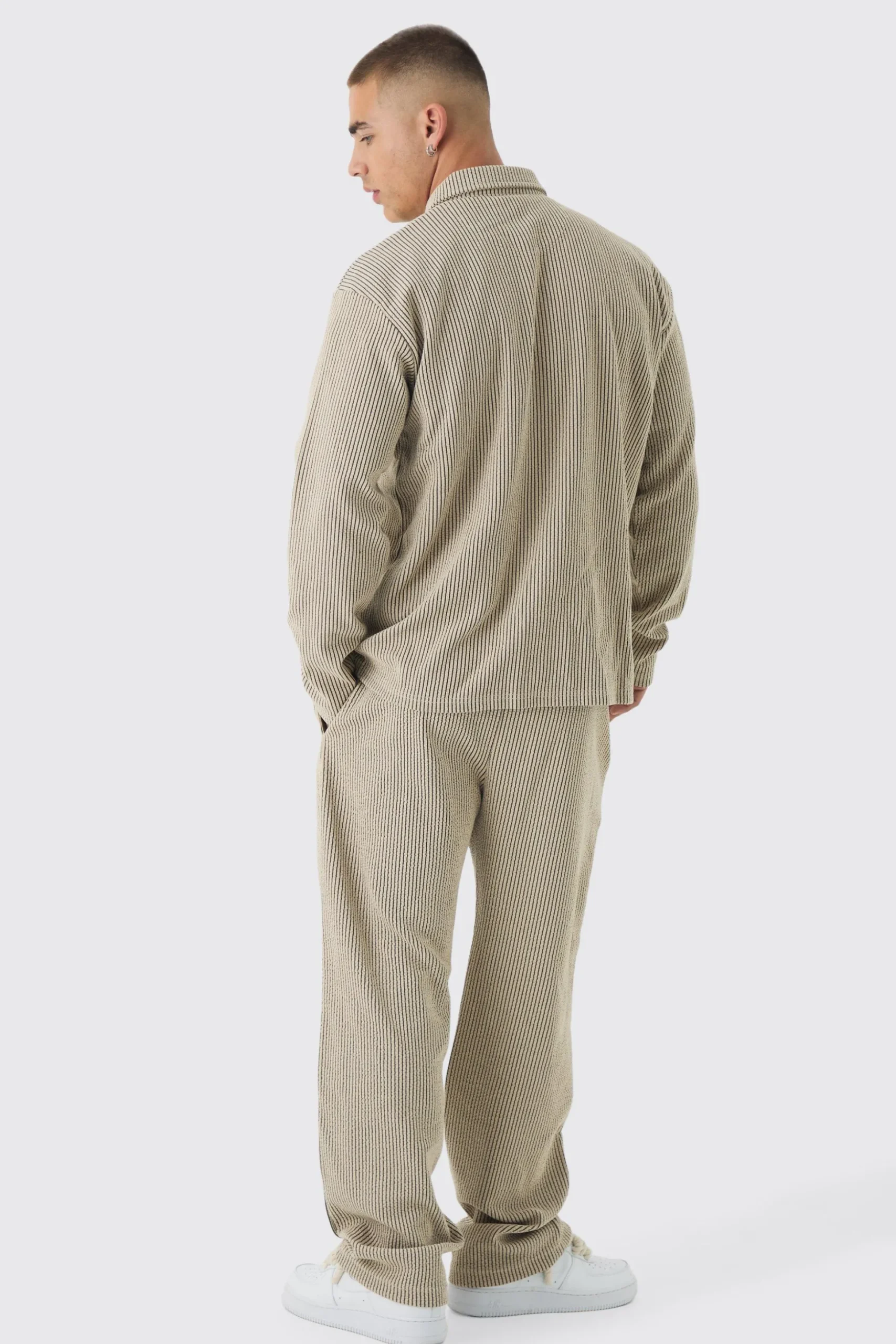 Oversized Two-tone Zip Ribbed Jersey Shirt & Straight Jogger Set | BoohooMAN UK