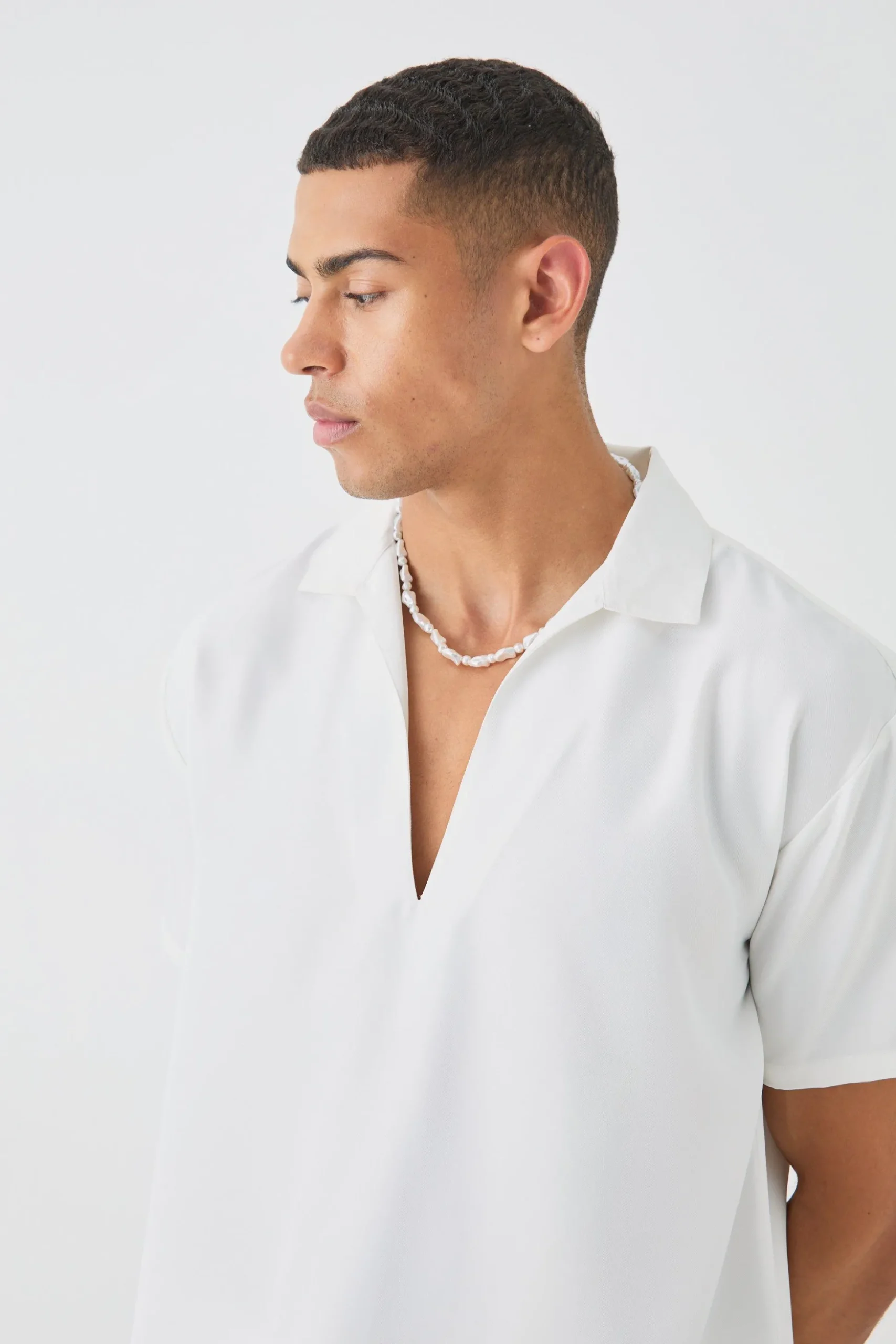 Oversized V Neck Dropped Shoulder Shirt In White | BoohooMAN UK