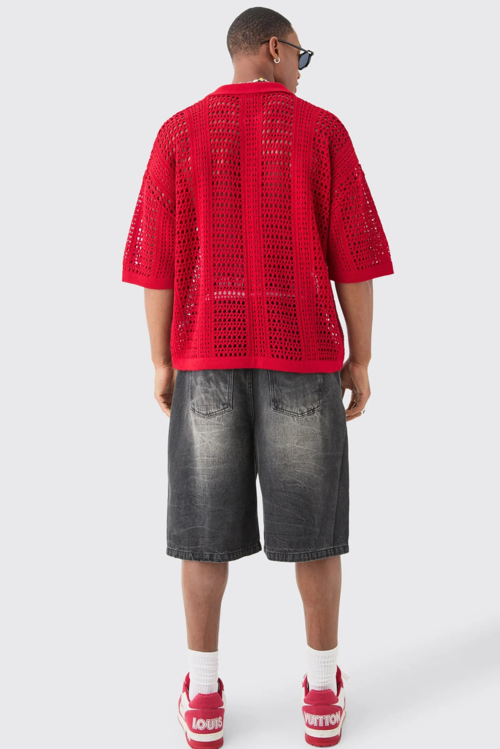 Oversized V Neck Open Stitch Knitted Polo | BoohooMAN UK