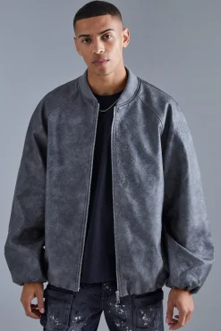 Oversized Vintage Cracked Pu Raglan Bomber | BoohooMAN UK