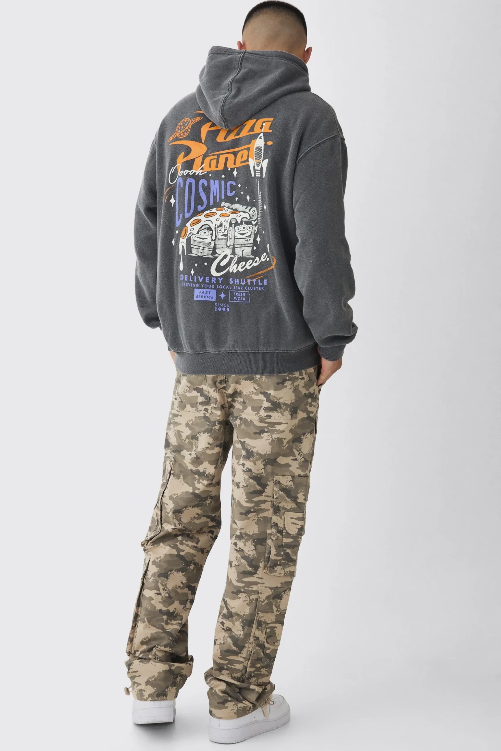 Oversized Wash Pixar Toy Story Pizza Planet License Hoodie | BoohooMAN UK