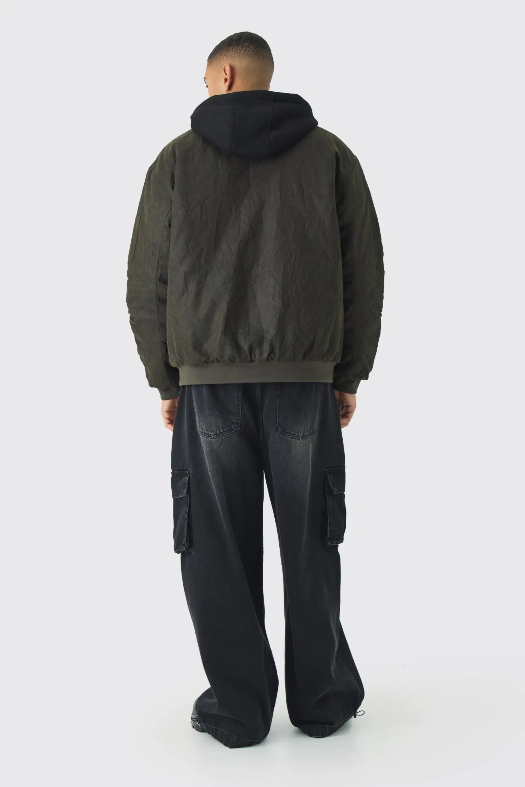 Oversized Washed Crinkle Hooded Bomber In Dark Brown | BoohooMAN UK
