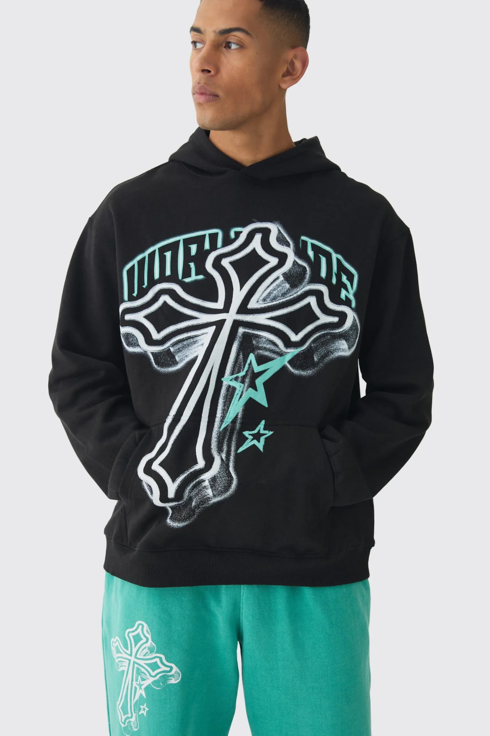 Oversized Washed Cross Print Tracksuit | BoohooMAN UK
