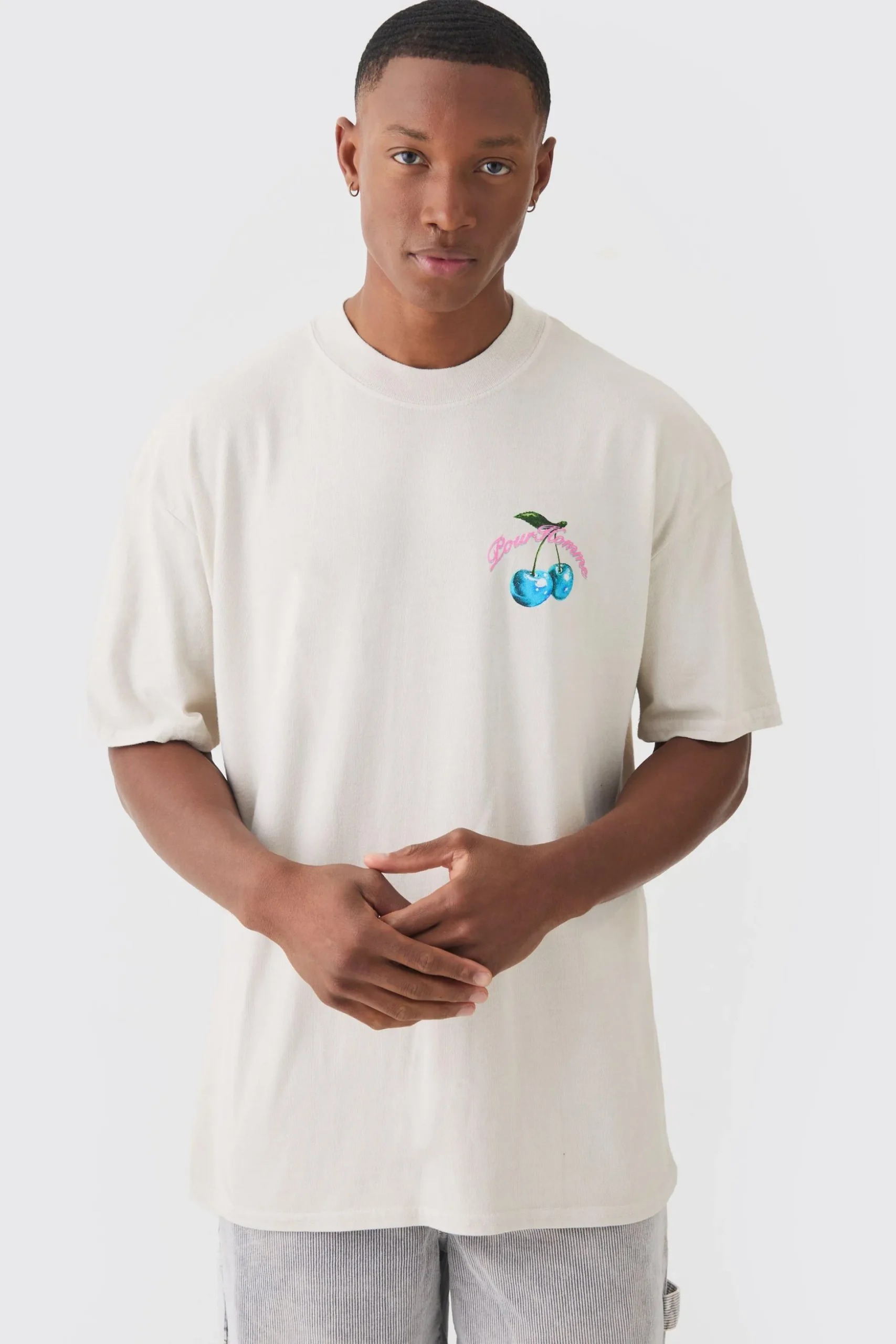 Oversized Washed Extended Neck Cherry Print T-shirt | BoohooMAN UK