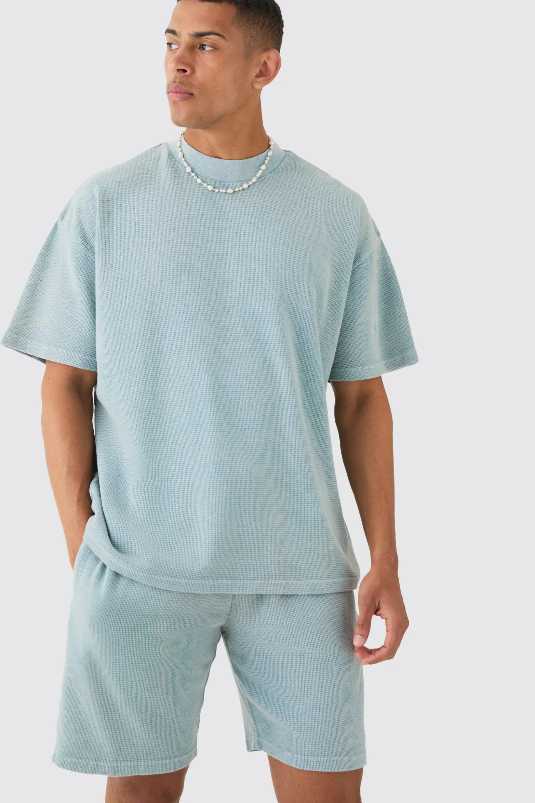Oversized Washed Heavyweight Waffle T-shirt & Shorts Set | BoohooMAN UK