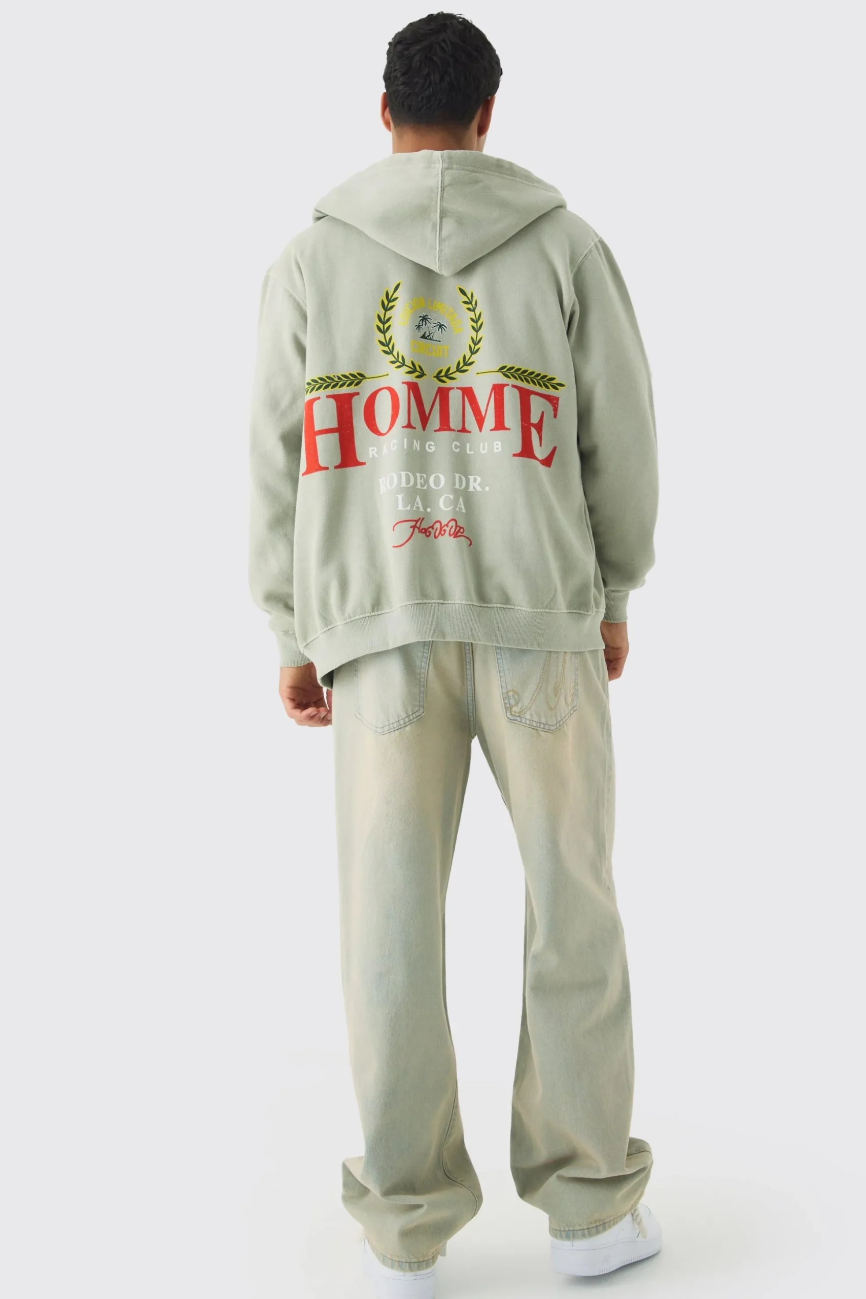 Oversized Washed Homme Print Zip Through Hoodie | BoohooMAN UK