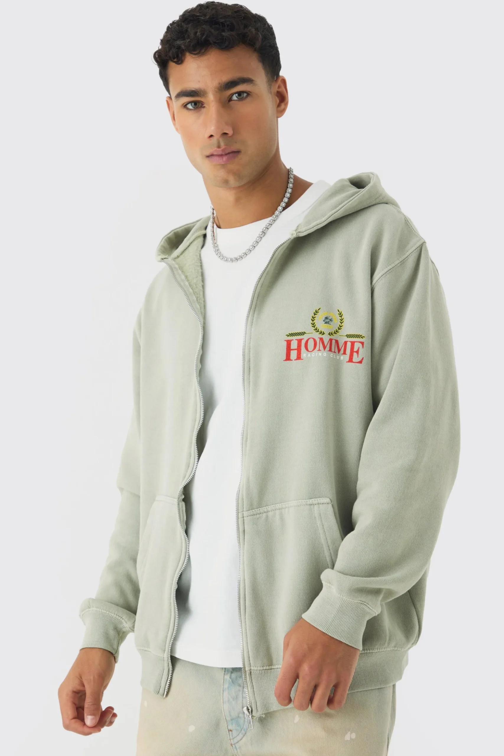 Oversized Washed Homme Print Zip Through Hoodie | BoohooMAN UK