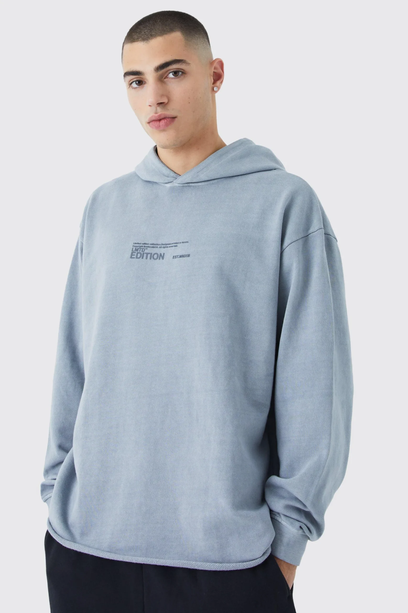 Oversized Washed Limited Raw Hem Hoodie | BoohooMAN UK