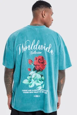 Oversized Washed Worldwide Floral Graphic T-shirt | BoohooMAN UK