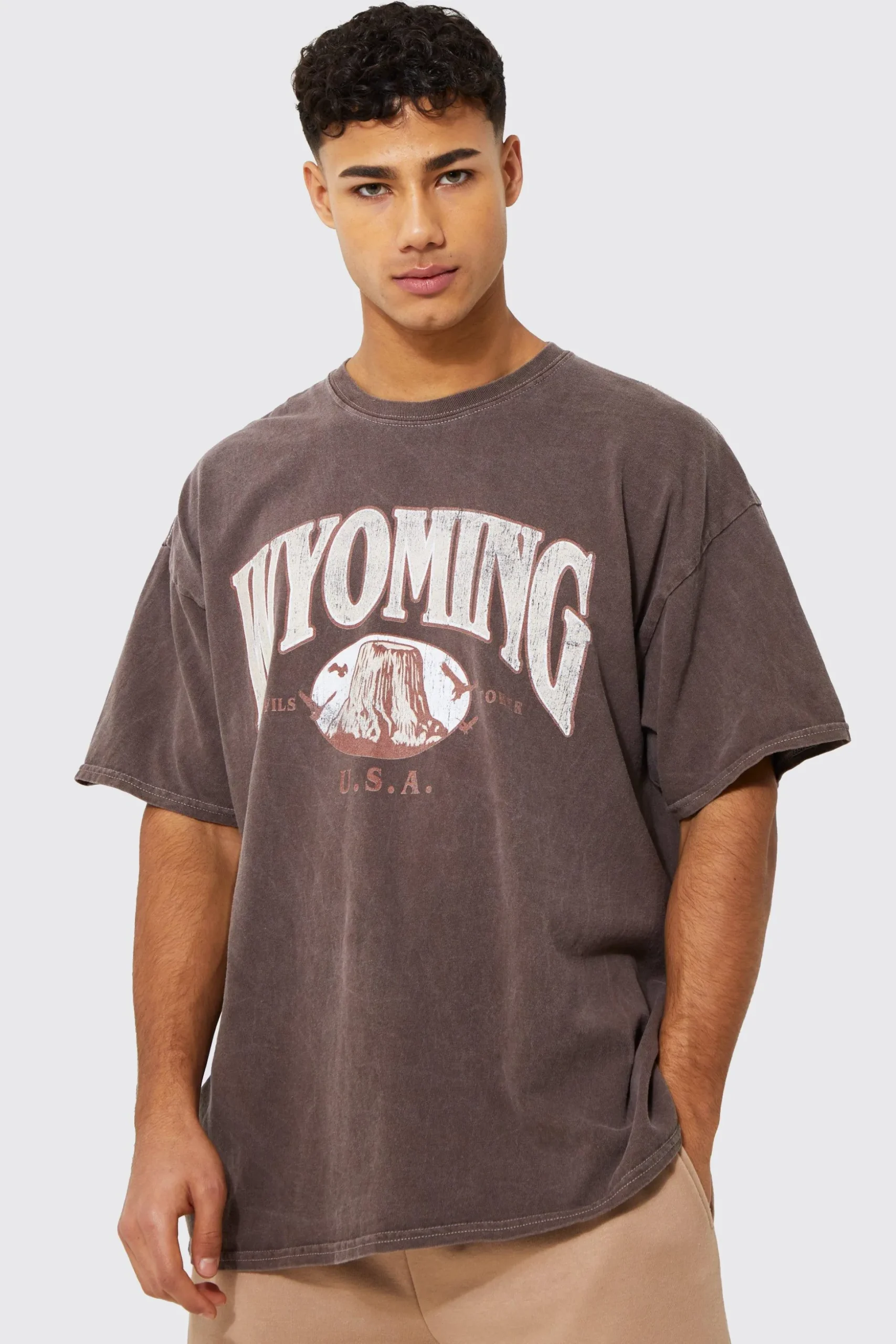 Oversized Washed Wyoming Print T-shirt | BoohooMAN UK
