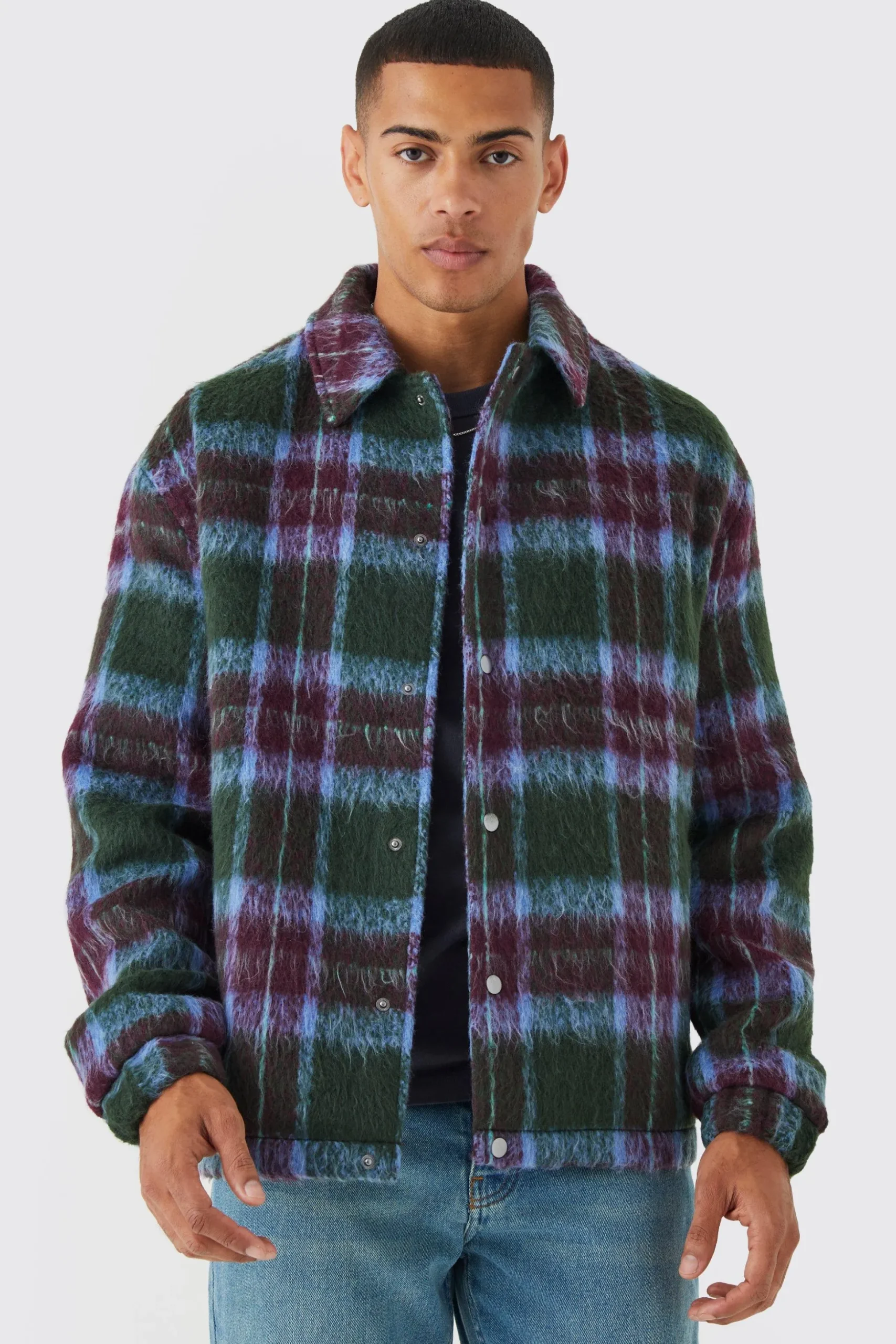 Oversized Wool Look Check Harrington | BoohooMAN UK