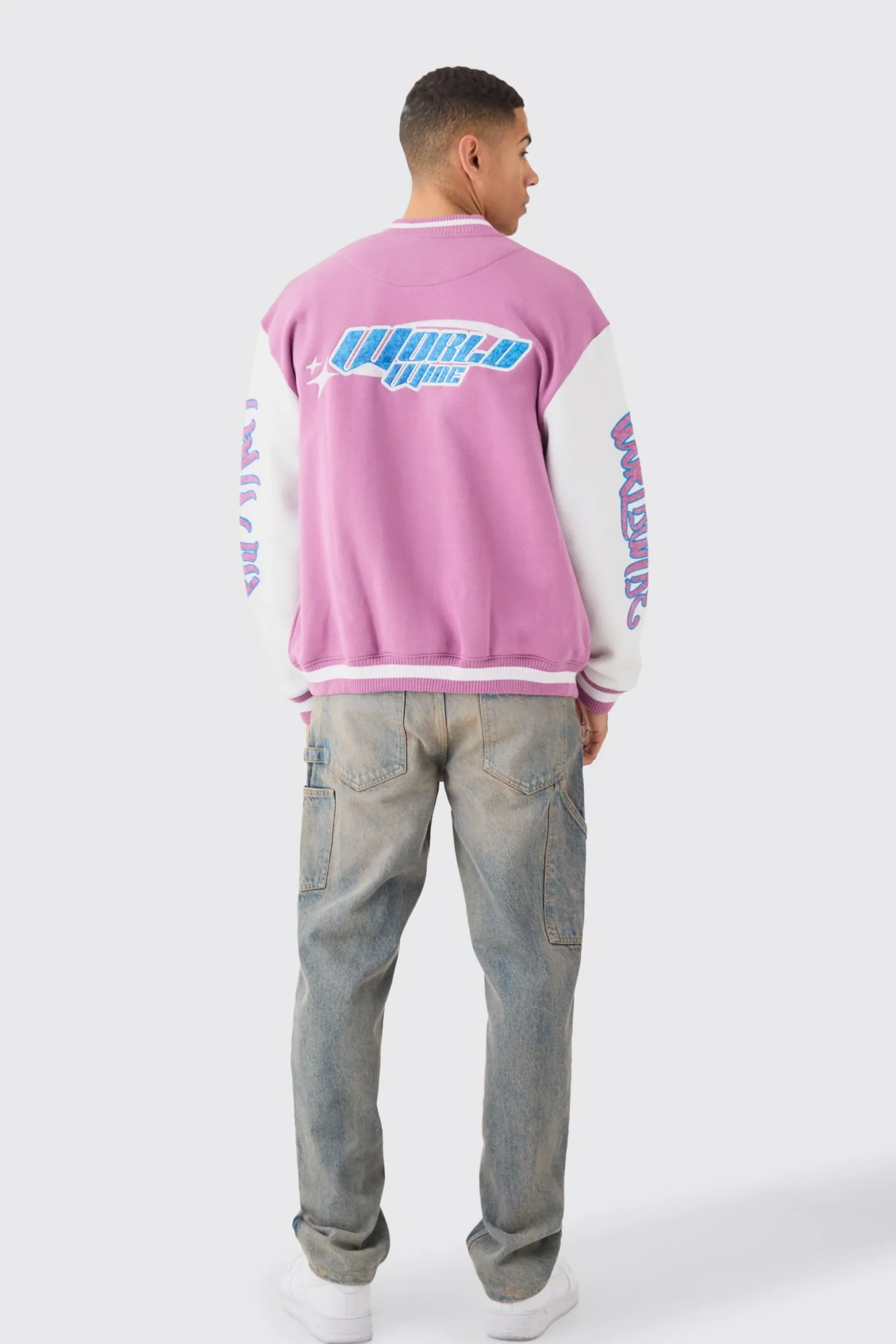 Oversized Worldwide Applique Jersey Bomber Jacket | BoohooMAN UK