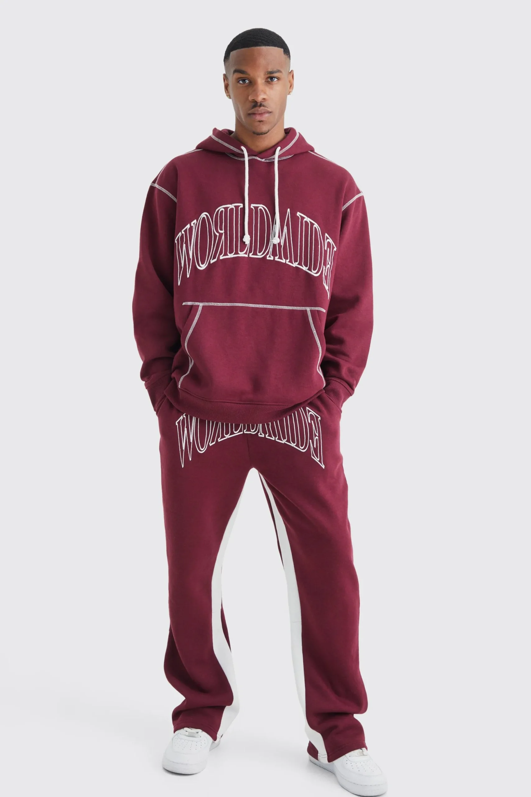 Oversized Worldwide Contrast Stitch Hooded Gusset Tracksuit | BoohooMAN UK