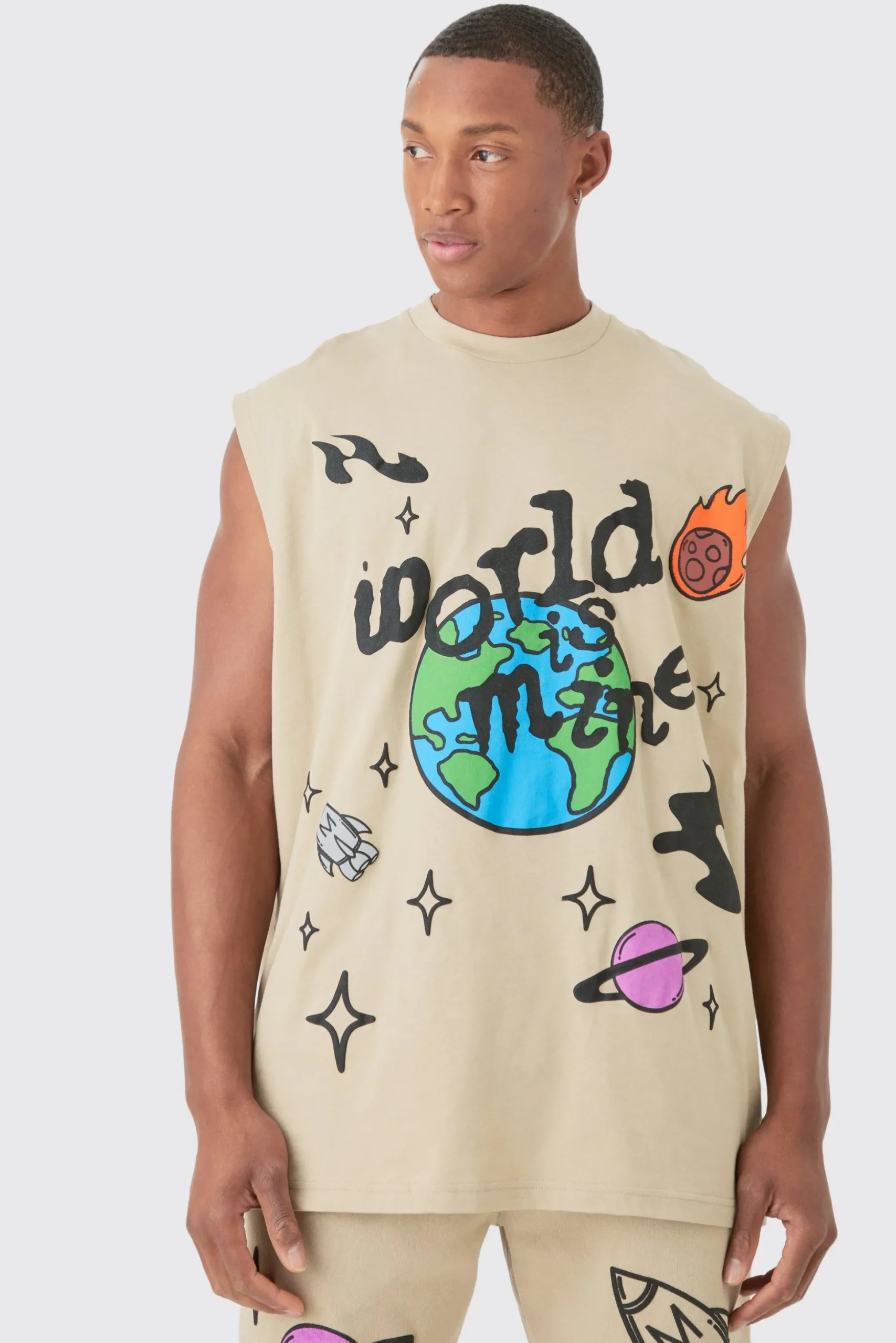 Oversized Worldwide Large Puff Print Tank & Shorts Set | BoohooMAN UK