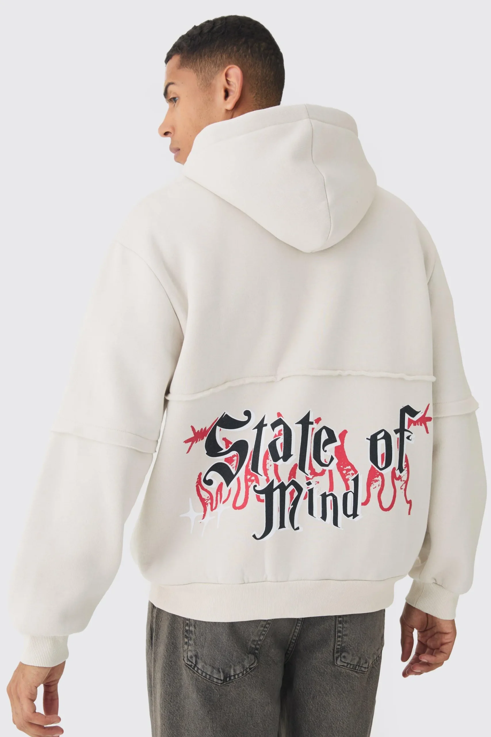 Oversized Zip Through OFFCL Heart Raw Edge Print Hoodie | BoohooMAN UK