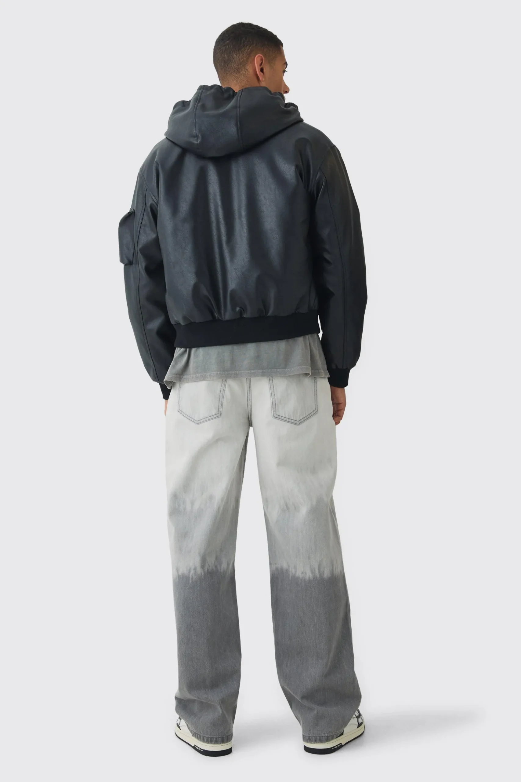 Padded Hooded PU Bomber In Black | BoohooMAN UK