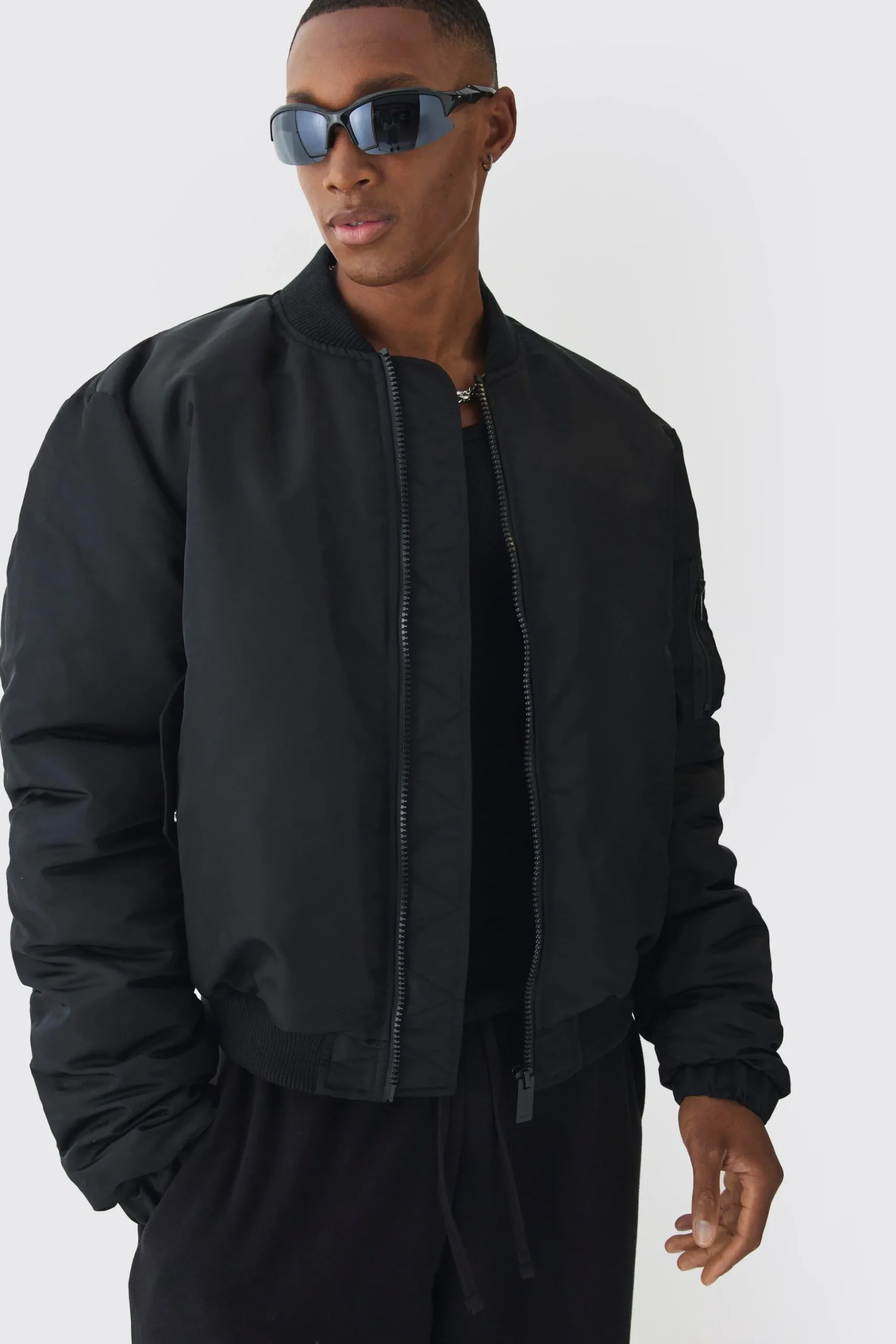 Padded Nylon Panelled Bomber Jacket In Black | BoohooMAN UK