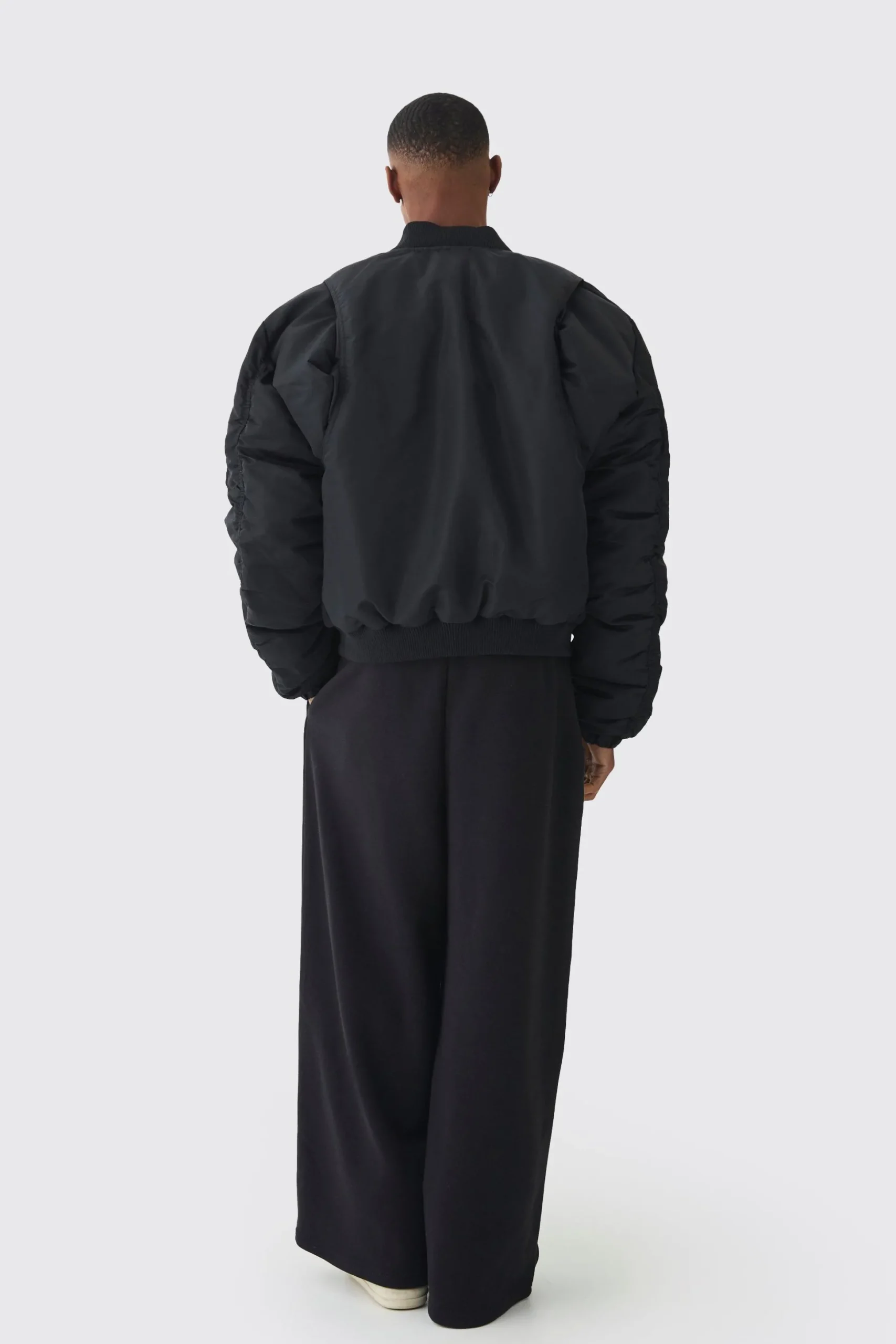 Padded Nylon Panelled Bomber Jacket In Black | BoohooMAN UK