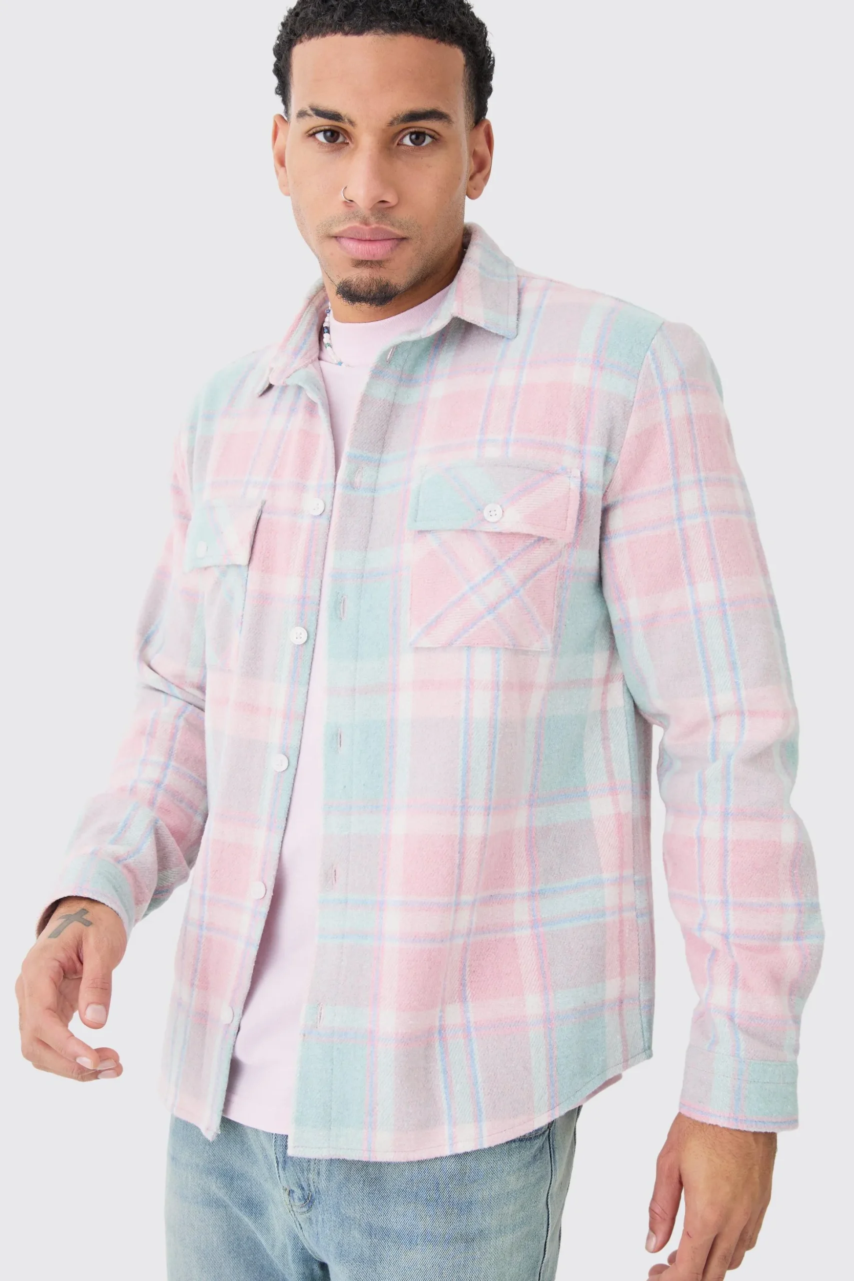 Pastel Check Overshirt | BoohooMAN UK