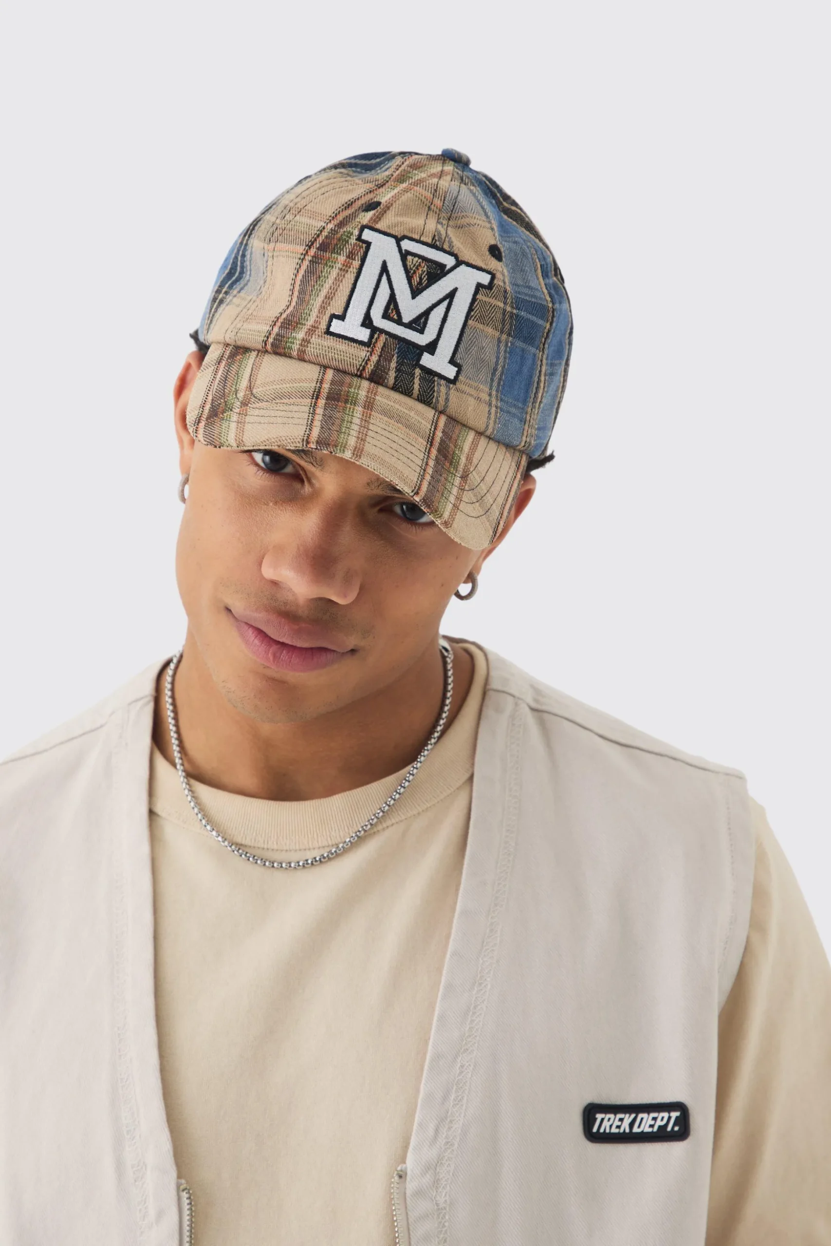 Patchwork Applique Cap In Sand | BoohooMAN UK
