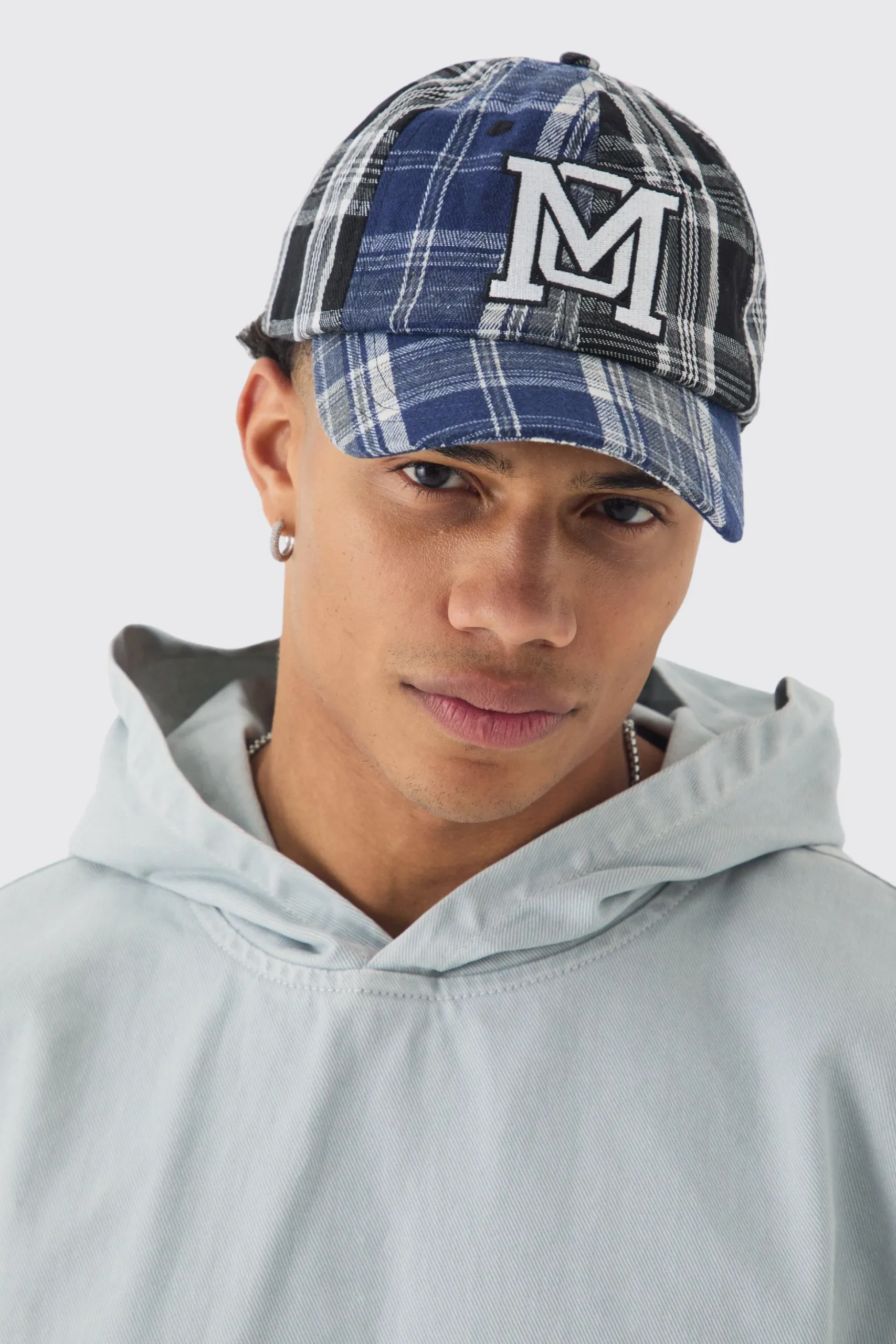 Patchwork Applique Cap In Blue | BoohooMAN UK