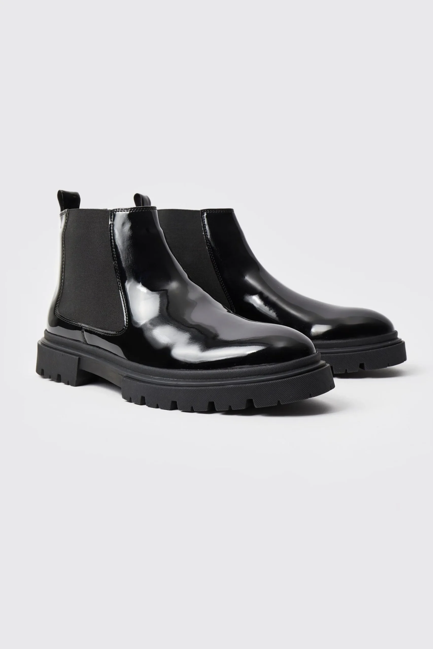 Patent Chelsea Boots With Track Sole | BoohooMAN UK