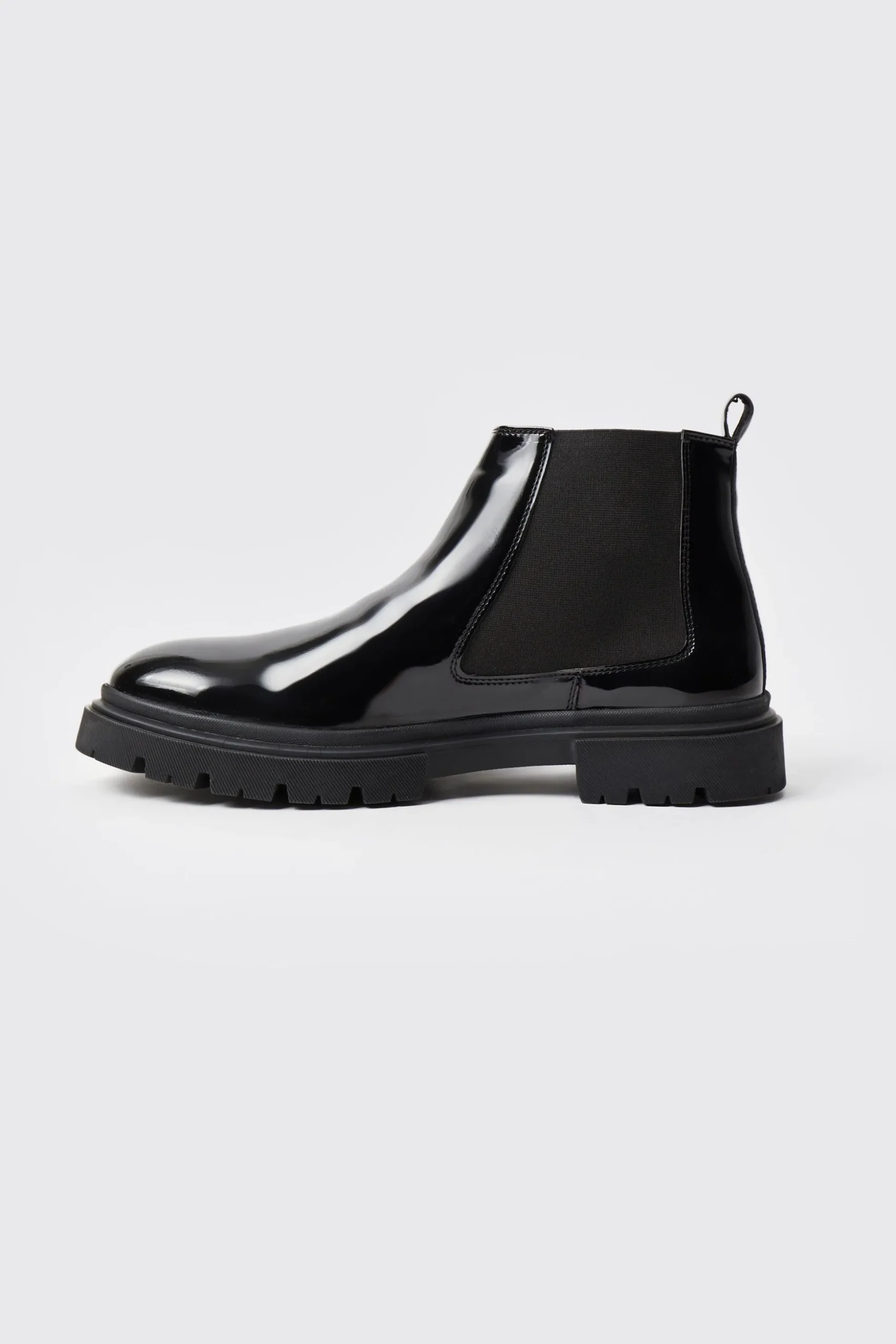 Patent Chelsea Boots With Track Sole | BoohooMAN UK