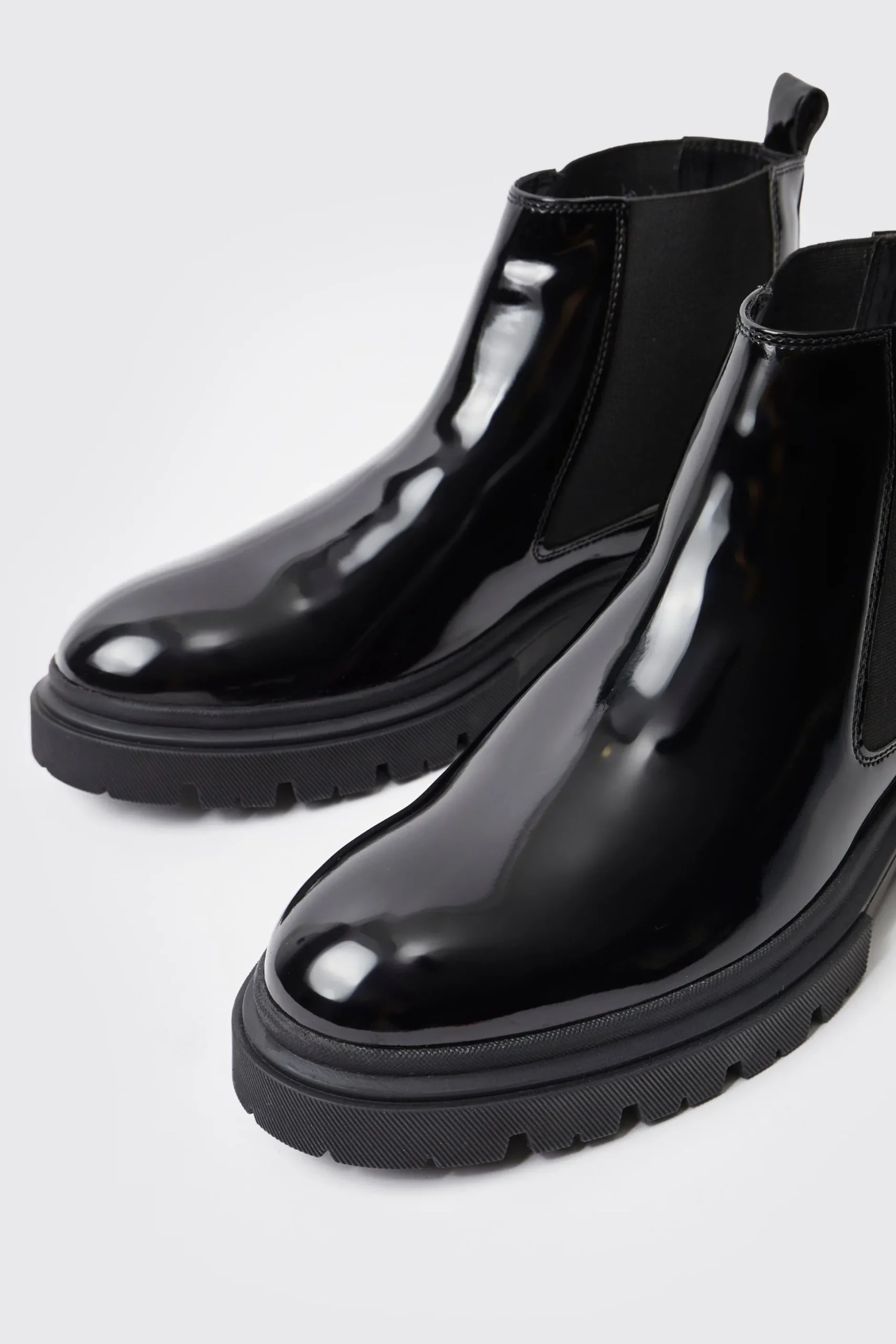 Patent Chelsea Boots With Track Sole | BoohooMAN UK