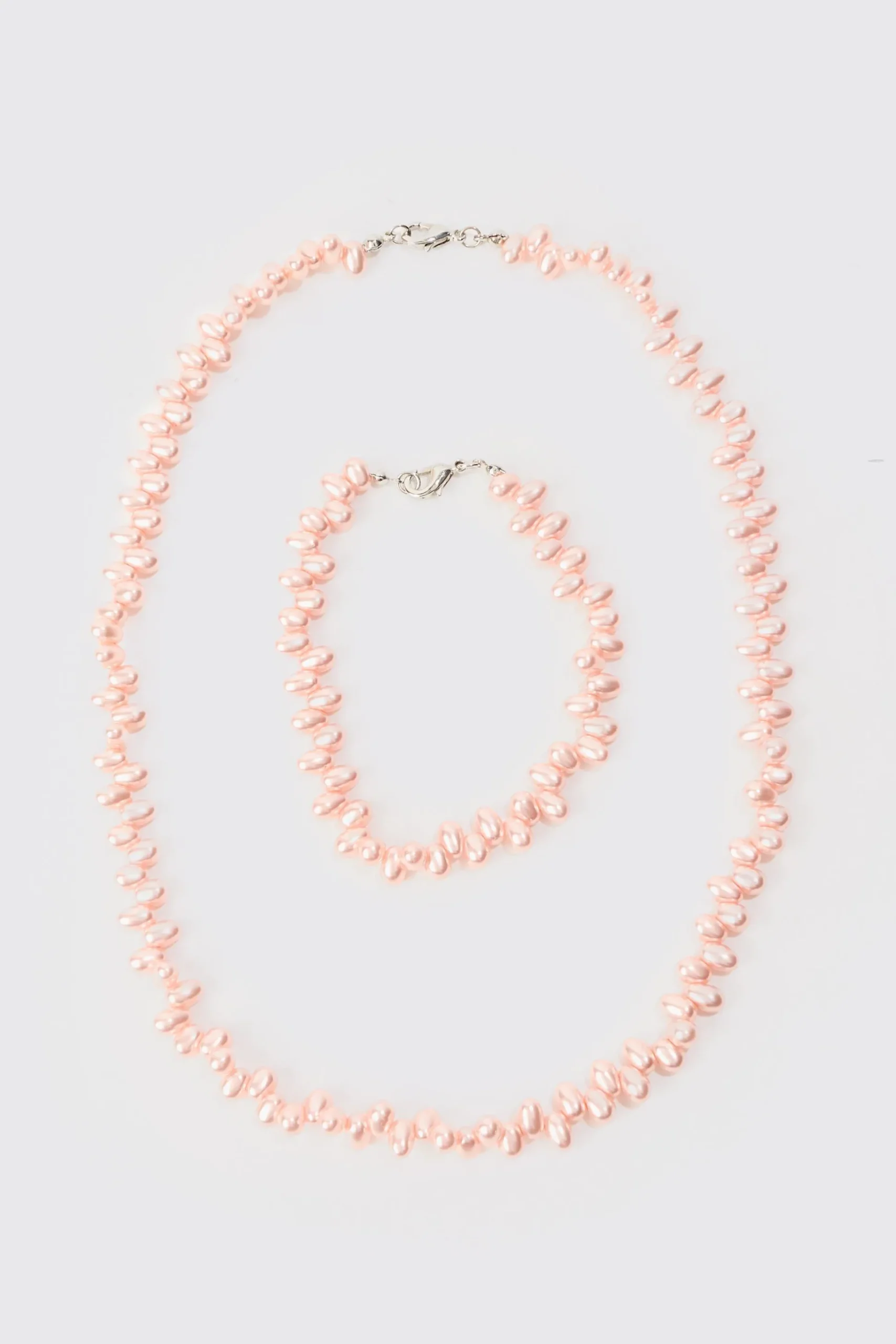 Pearl Bead Necklace & Bracelet Set In Pink | BoohooMAN UK
