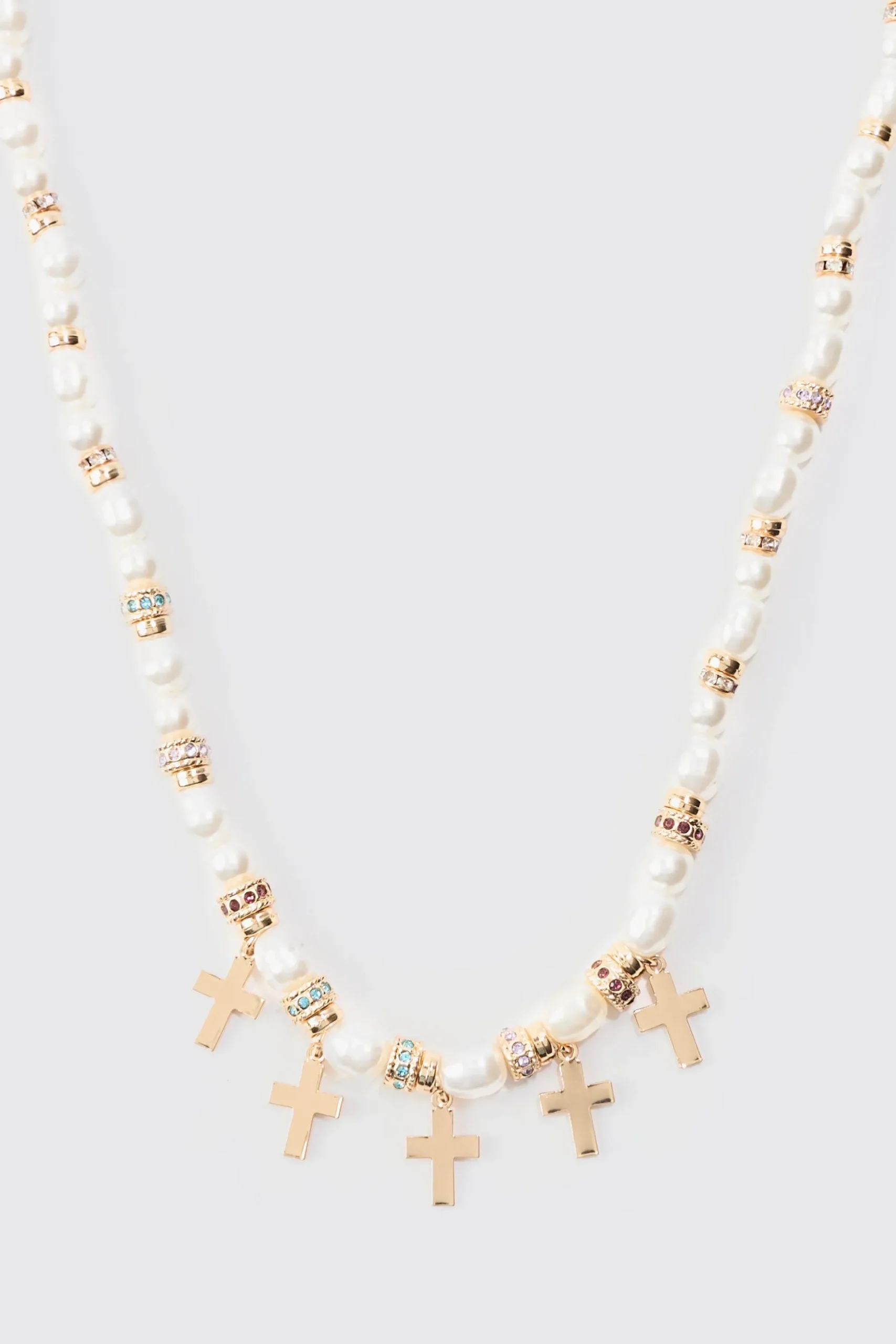 Pearl Bead Necklace With Cross Charms In Gold | BoohooMAN UK