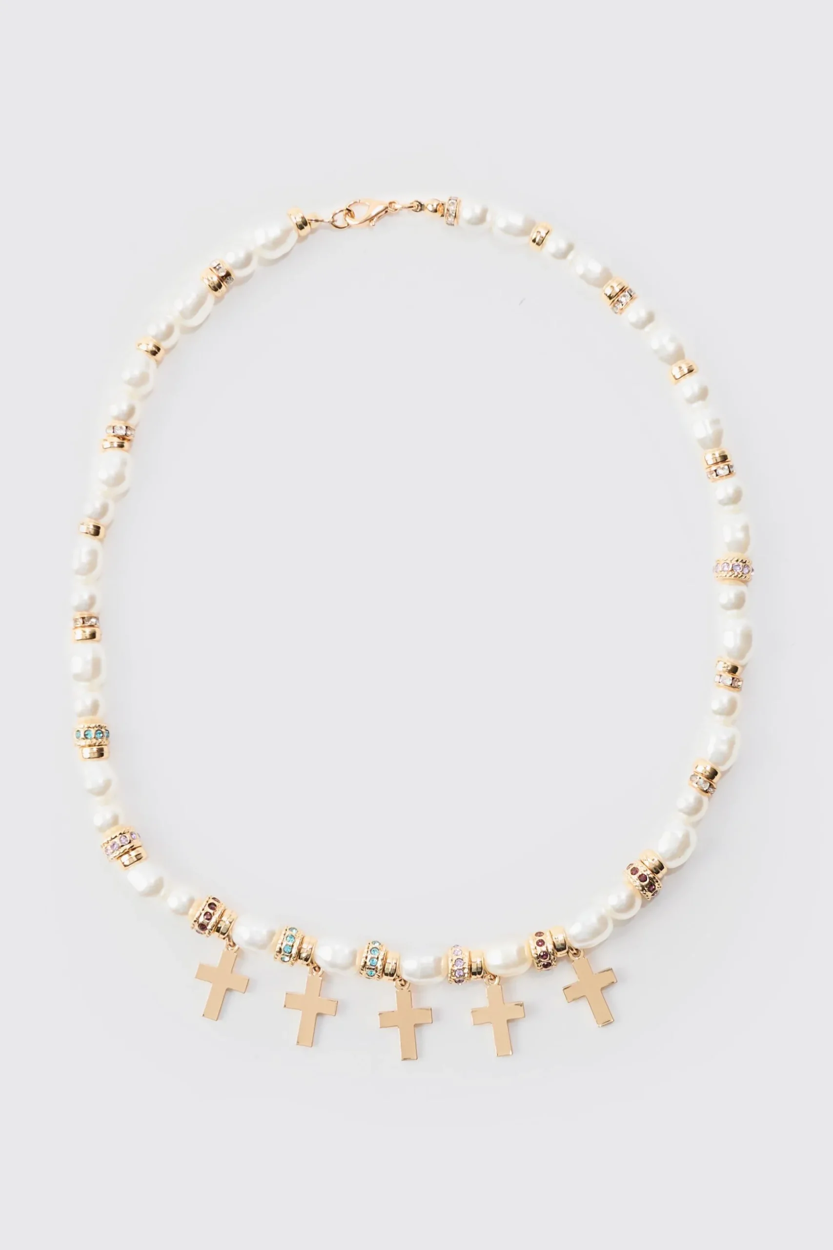 Pearl Bead Necklace With Cross Charms In Gold | BoohooMAN UK