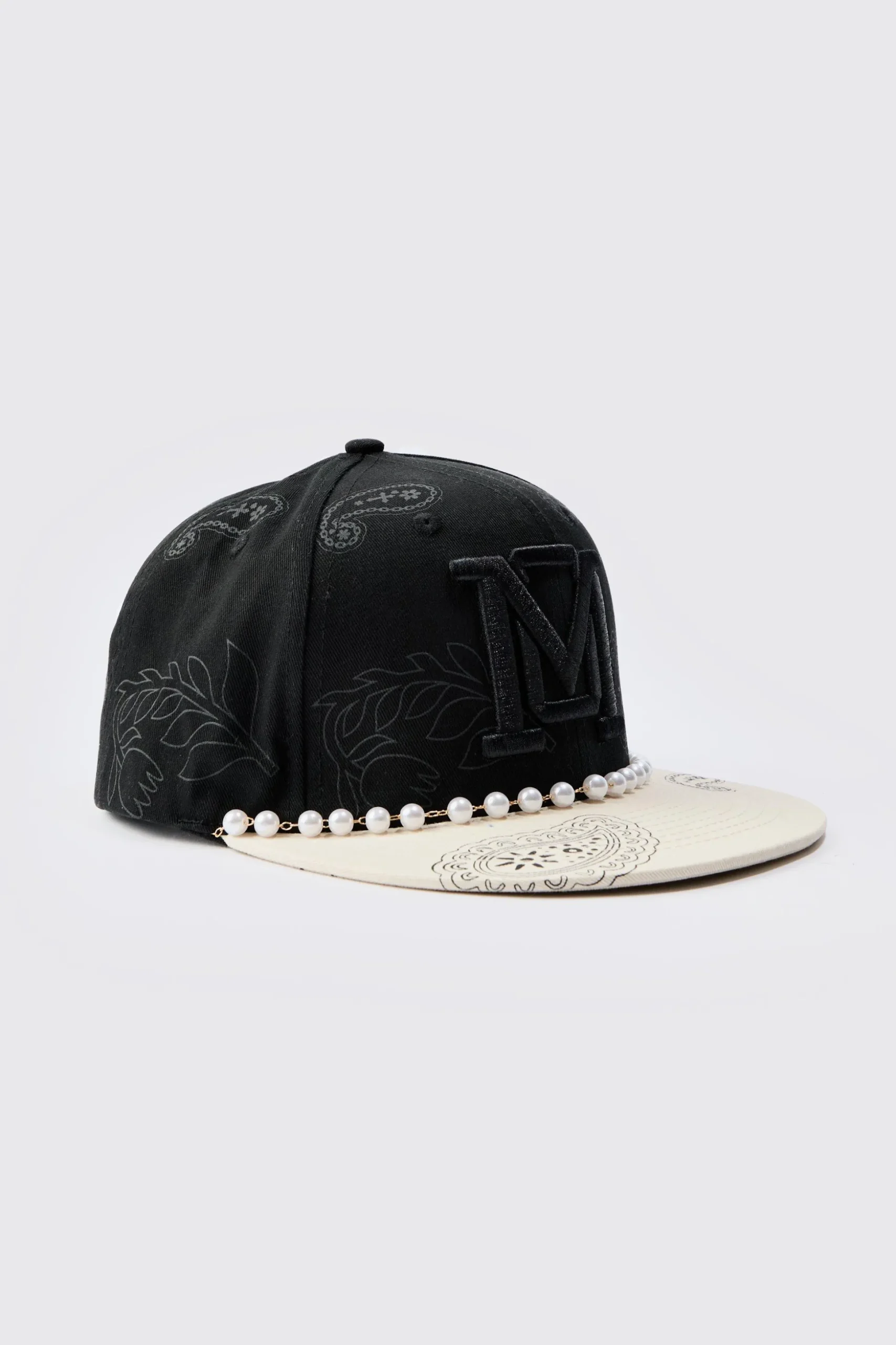 Pearl Embellishment Snapback In Black | BoohooMAN UK