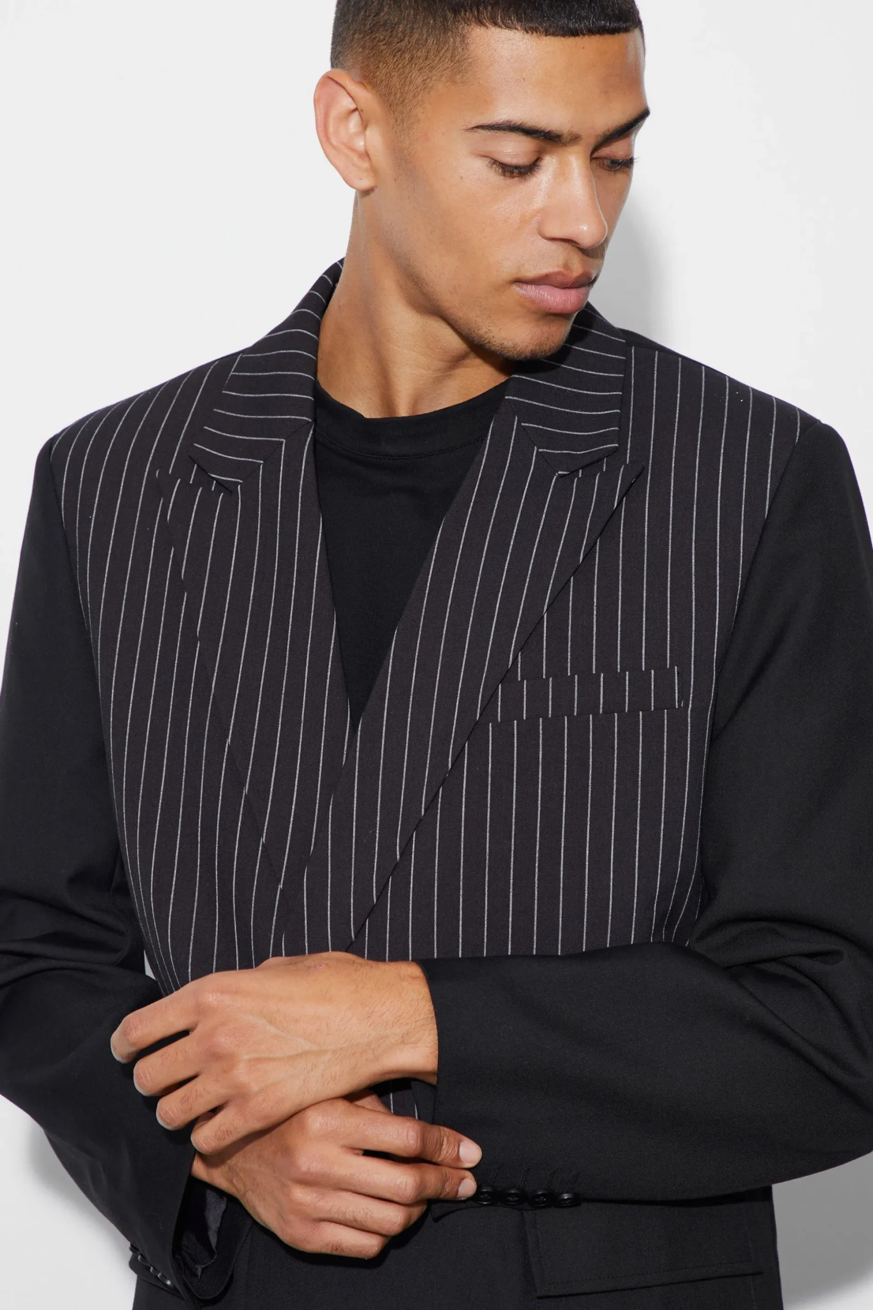 Pinstripe Overlay Oversized Blazer | BoohooMAN UK
