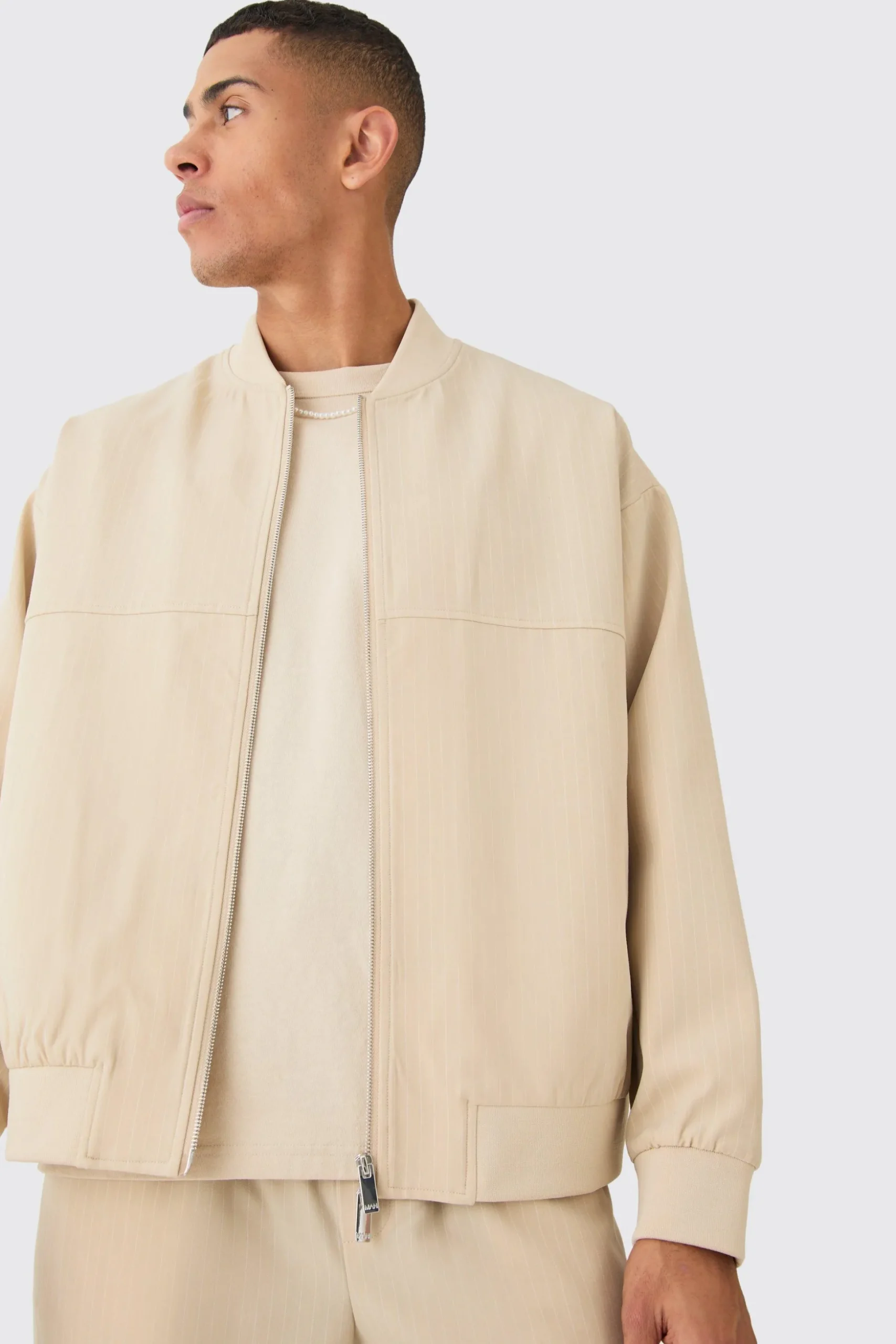 Pinstripe Oversized Smart Bomber Jacket | BoohooMAN UK