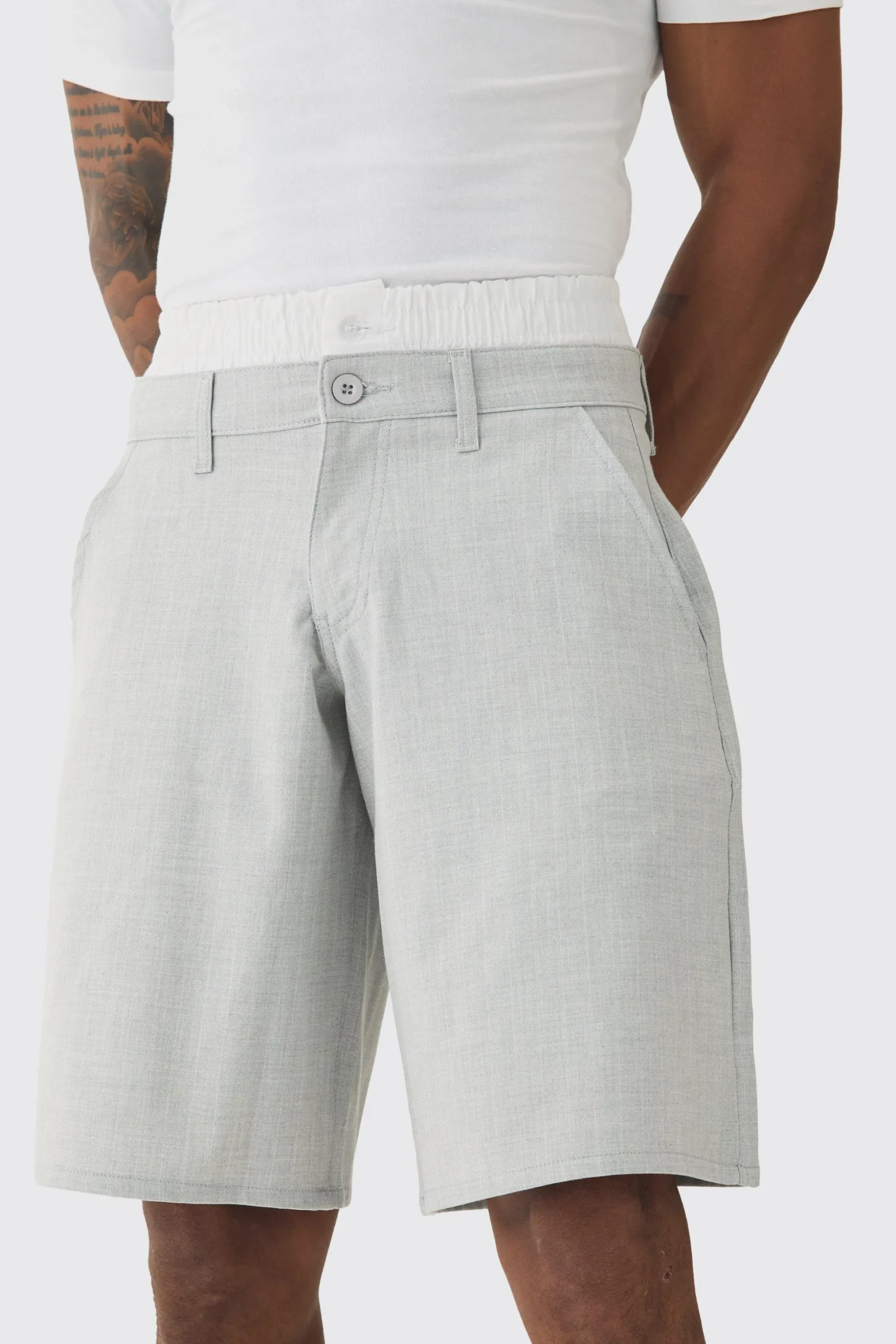 Pinstripe Woven Jort With Boxer Double Waistband | BoohooMAN UK