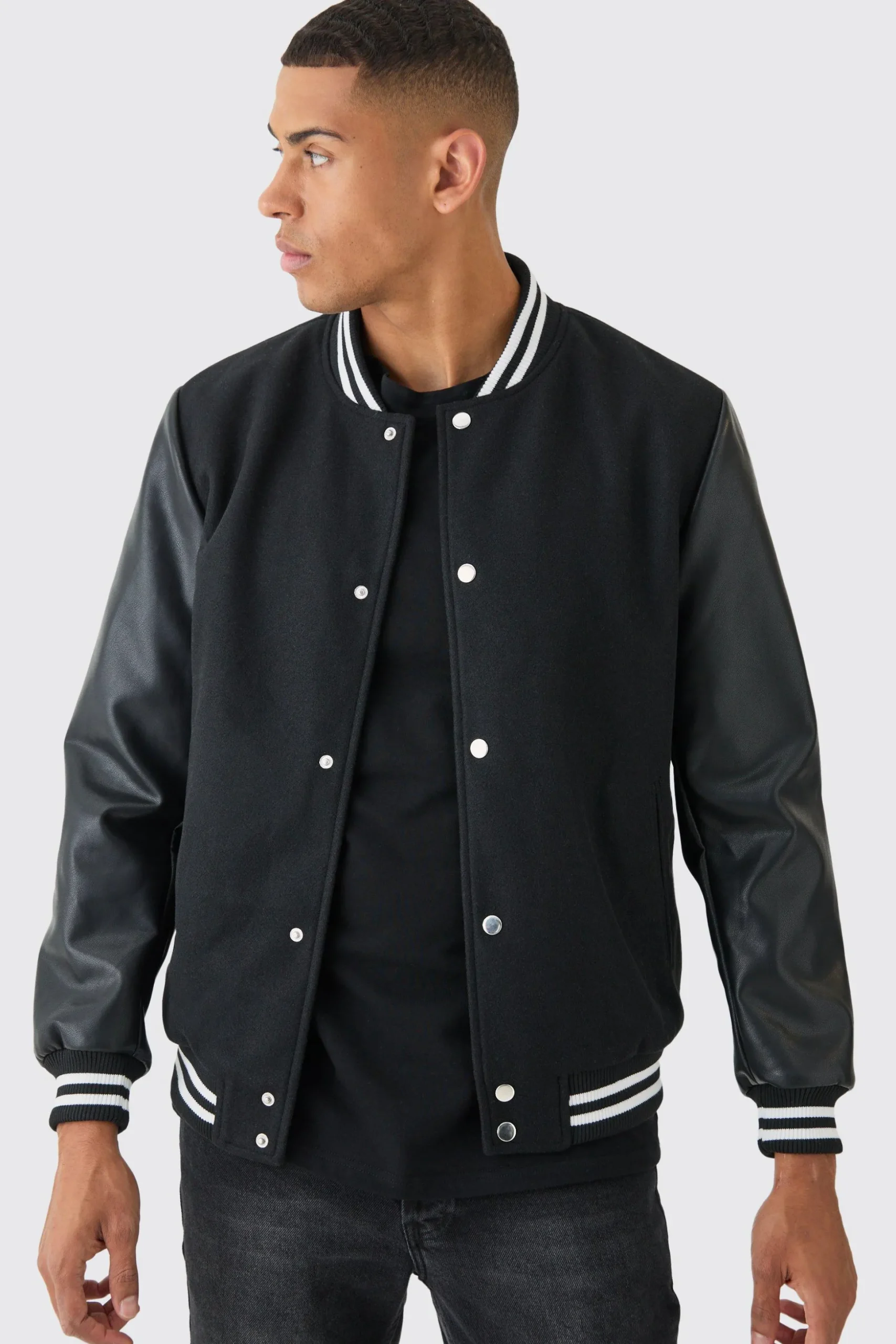 Plain Melton And Pu Sleeve Varsity Jacket In Black | BoohooMAN UK