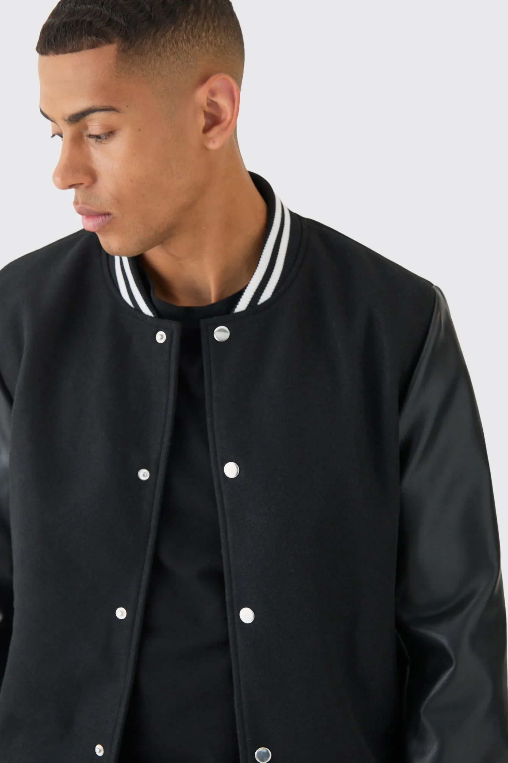 Plain Melton And Pu Sleeve Varsity Jacket In Black | BoohooMAN UK
