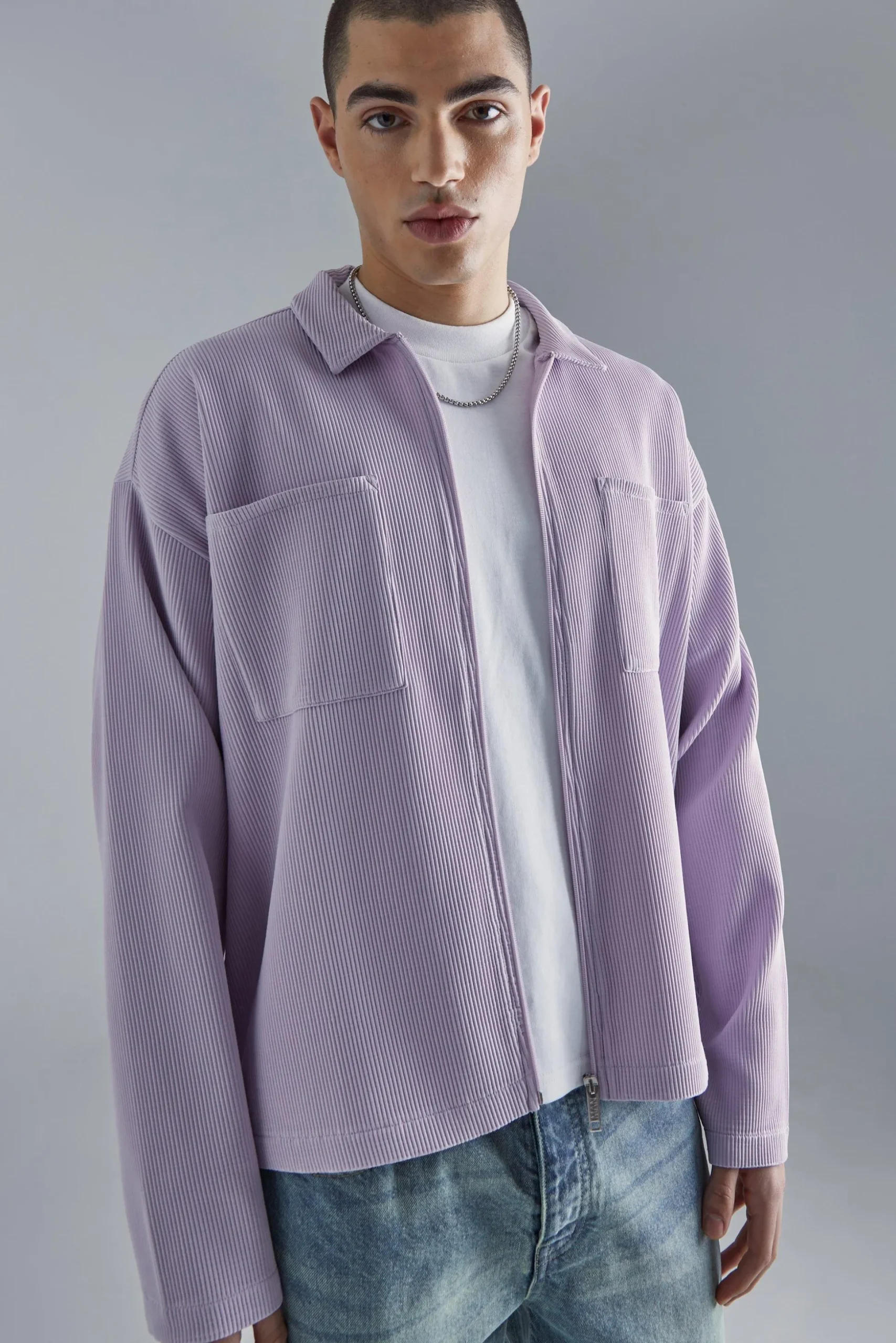 Pleated Boxy Zip Through Collared Shirt | BoohooMAN UK