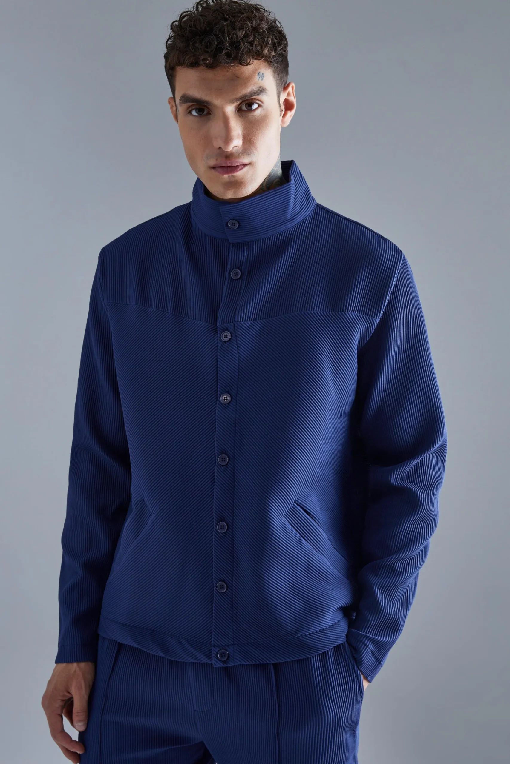 Pleated Harrington & Elasticated Pintuck Trouser Set | BoohooMAN UK