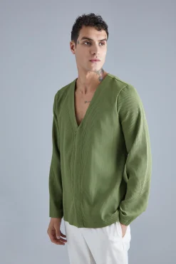 Pleated Slim Collarless Concealed Button Blazer | BoohooMAN UK