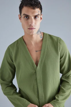 Pleated Slim Collarless Concealed Button Blazer | BoohooMAN UK