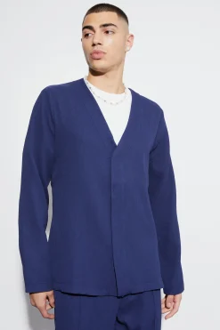 Pleated Slim Fit Collarless Concealed Button Blazer | BoohooMAN UK