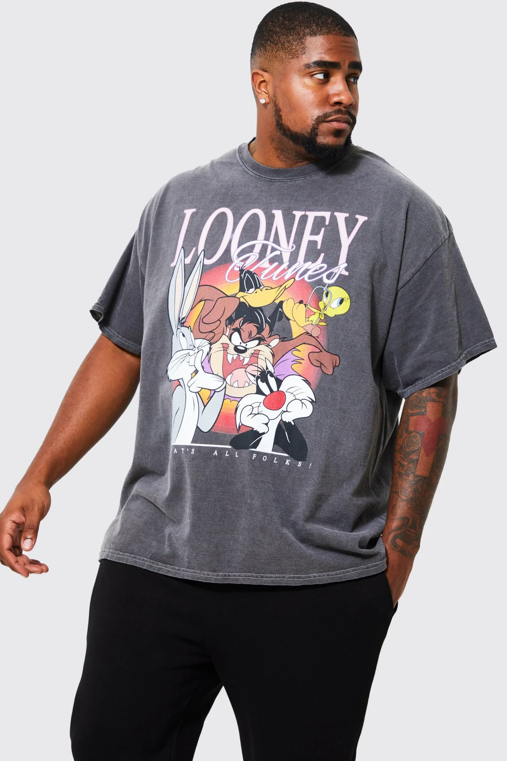 Plus Acid Wash Looney Tunes License T-shirt | BoohooMAN UK
