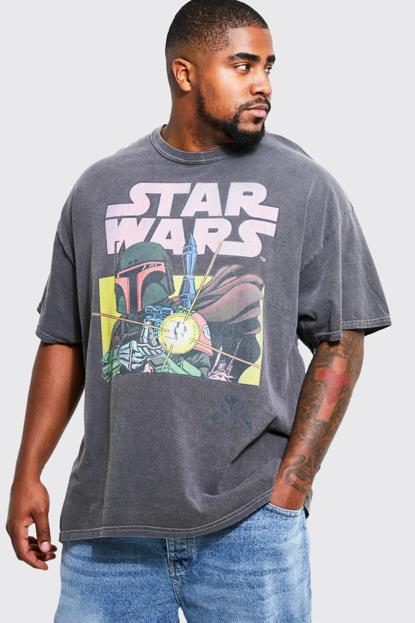 Plus Acid Wash Star Wars License T-shirt | BoohooMAN UK