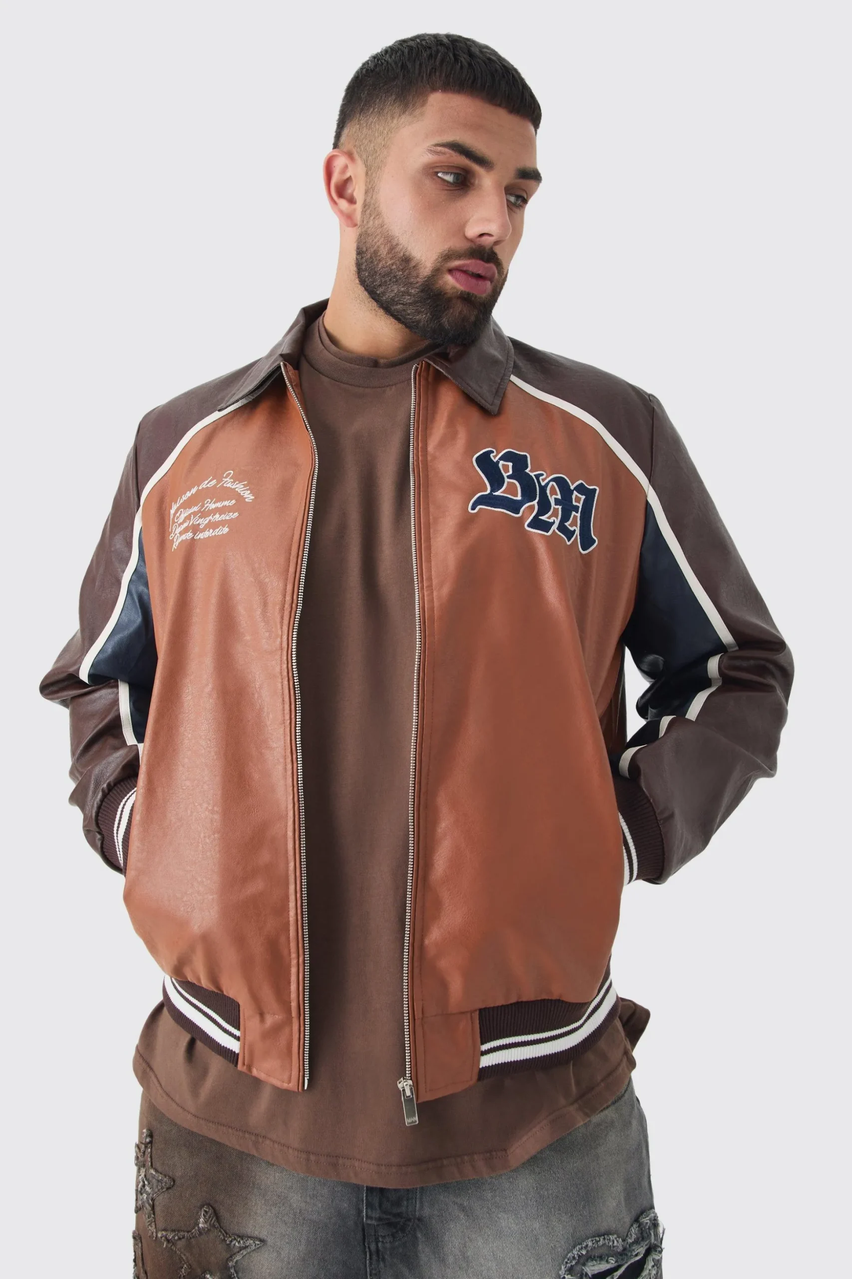 Plus BM Badge Collared PU Varsity Jacket In Brown | BoohooMAN UK